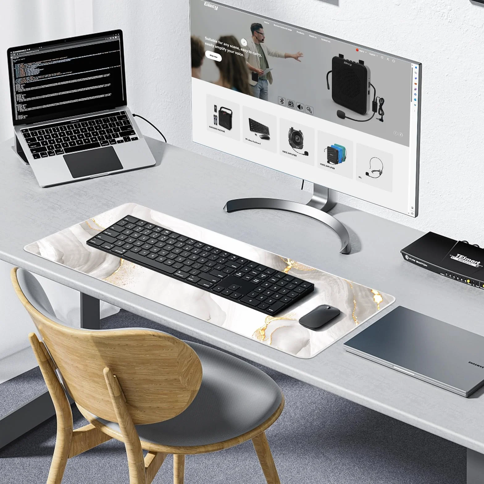 Gamingowa podkładka pod mysz XXL, 900 x 400 mm, duża, na biurko z antypoślizgową gumową podstawą, podkładka na biurko, pod klawiaturę, komputer, laptop (biały marmur)