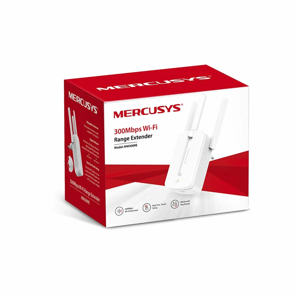 Mercusys MW300RE | Wzmacniacz Zasięgu Wi-Fi 300 Mb/s | 2,4 GHz | Konfiguracja WPS Jednym Przyciskem | Wskaźnik Sygnału | Port Ethernet | Tryb Punktu Dostępowego