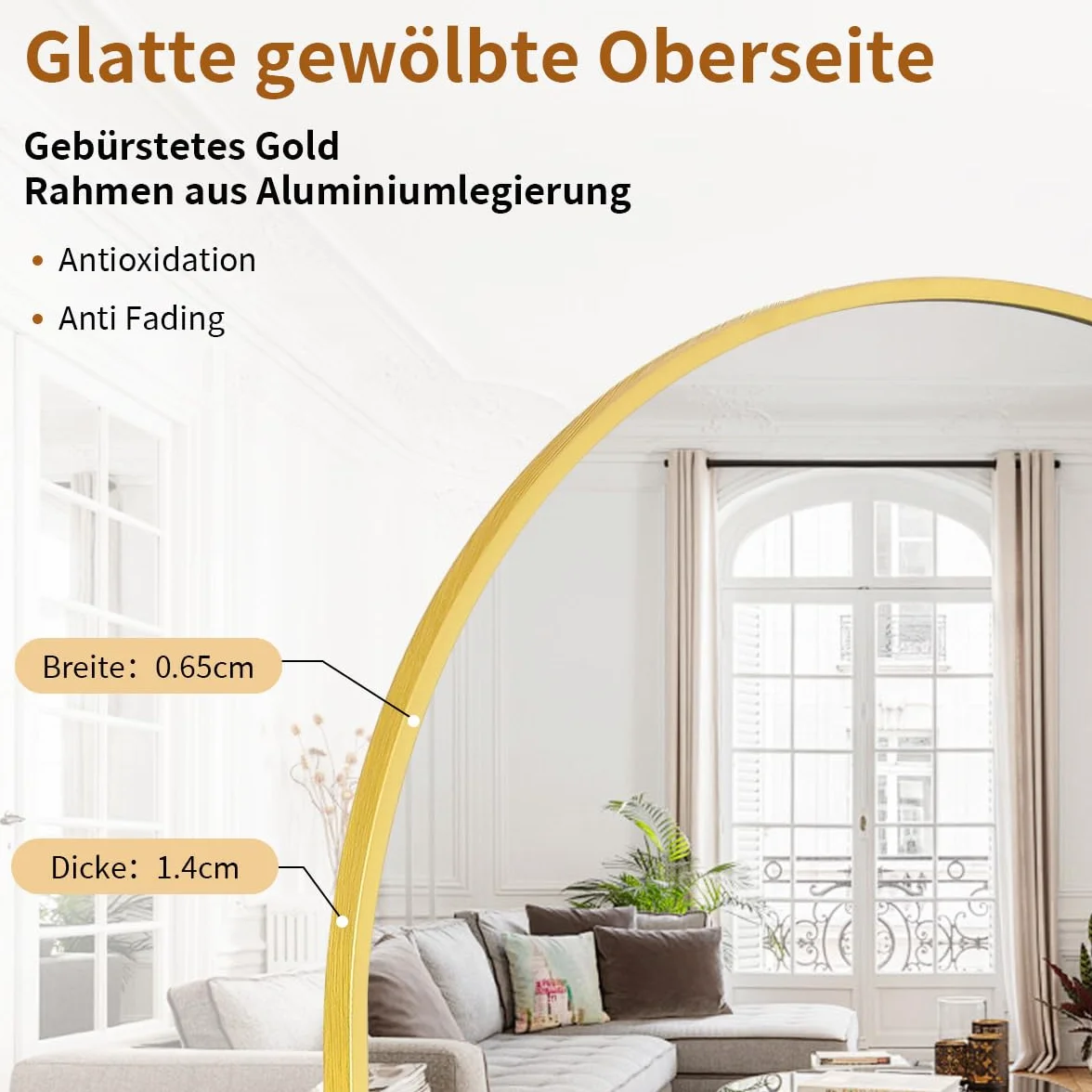 Koonmi Miroir sur pied 171 x 76 cm Miroir arque Verre robuste Doré