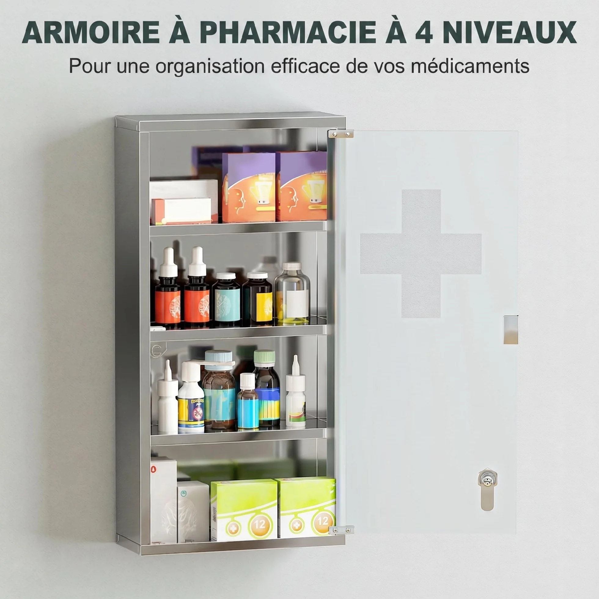 HOMCOM Armoire à Pharmacie 3 étagères 4 Niveaux 30L x 12l x 60H cm Porte Verre trempé Symbole Croix Acier Inoxydable brossé