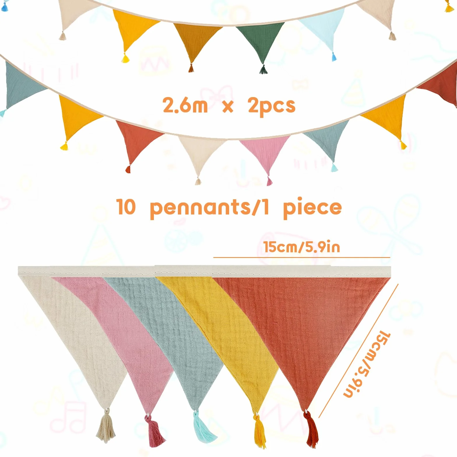 Guirlande de Fanions pour Chambre d'enfant, 2.6m Chaîne de Fanions Coton Mousseline avec Glands, Décoration Lit Fille & Garçon