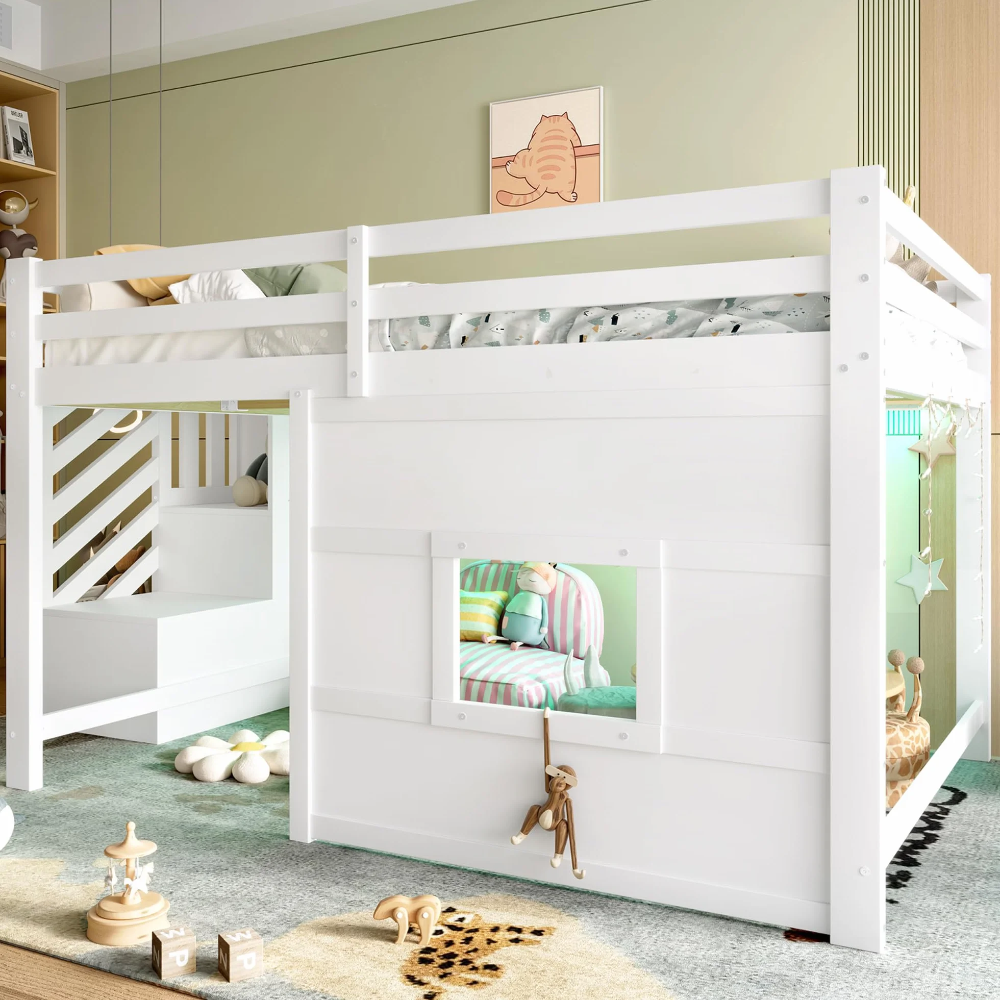 Lit Mezzanine 140x200 cm avec Escalier De Rangement et Fenêtre, Blanc – Lit Superposé Enfant 1 Place, Structure Robust en Pin Massif, Sécurité Garantie, pour Garçon et Fille