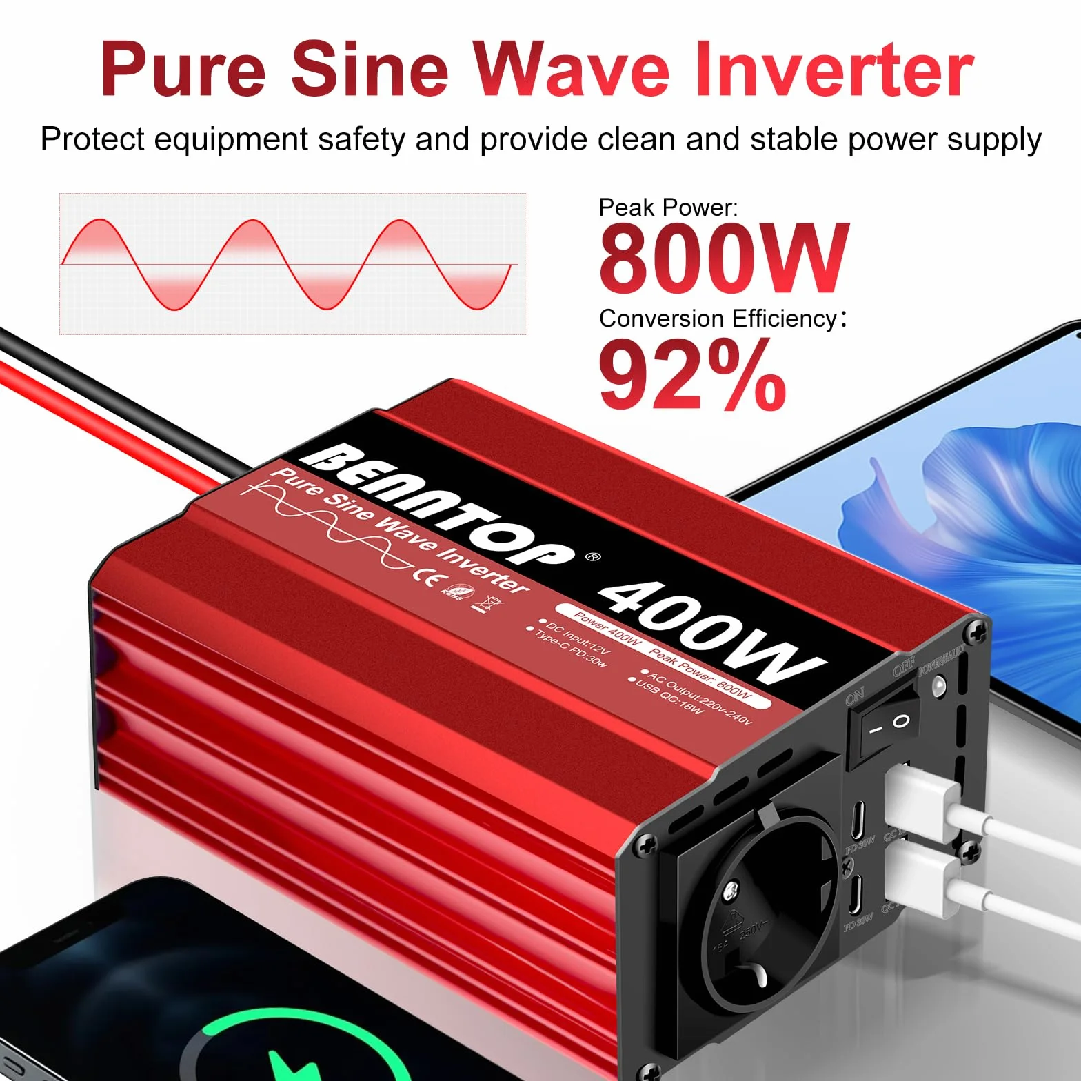 400W/800W konwerter 12 V 230 V Pure Sinus samochodowy falownik napięcia Transformator z 4 portami USB typu - A/C, 1 gniazdo UE Ładowanie laptopa, iPada, iPhone'a i nie tylko
