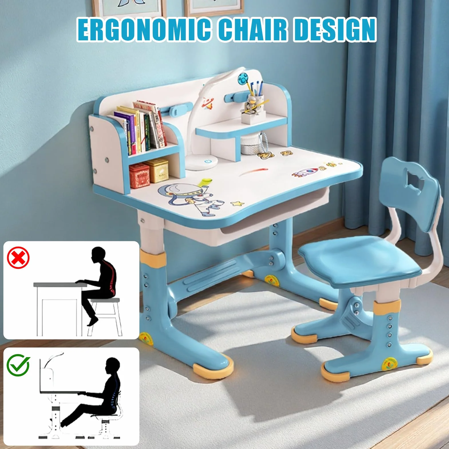 Bureau avec chaise pour enfants de 3 à 12 ans, réglable en hauteur, bureau fonctionnel et ensemble chaise – Panneau dense, distance dorée, séparation scientifique, école pour enfants