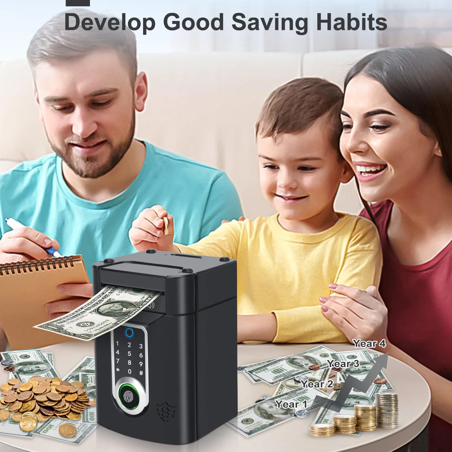 Tirelire Électronique Enfant avec Écran Tactile et Empreinte Digitale, Coffre-Fort Code, Cadeau 3-12 Ans Noir