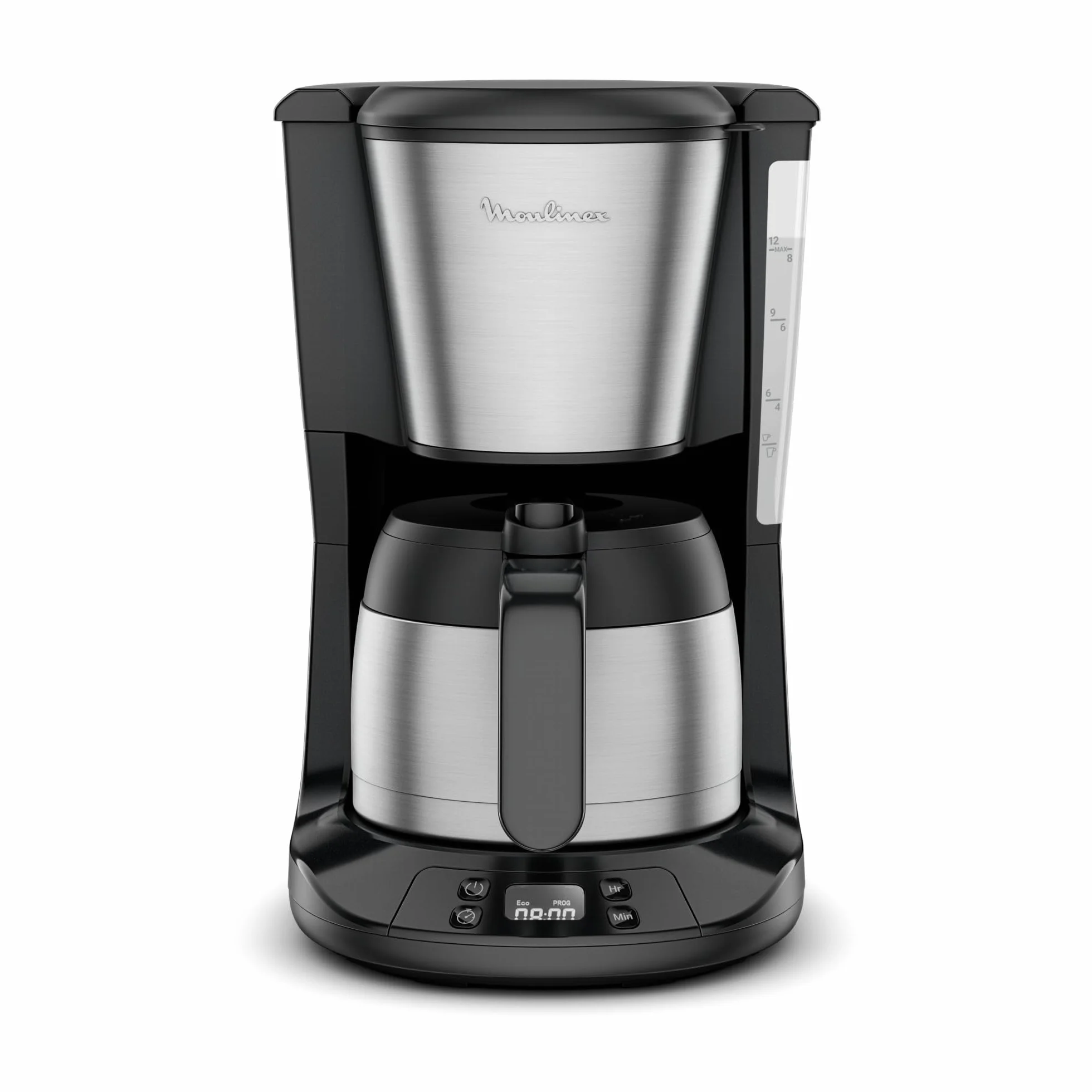 Moulinex Subito, Cafetière filtre programmable avec verseuse isotherme, Capacité de 0,9 L, 12 tasses, Noir et Inox, FT5S2DE0