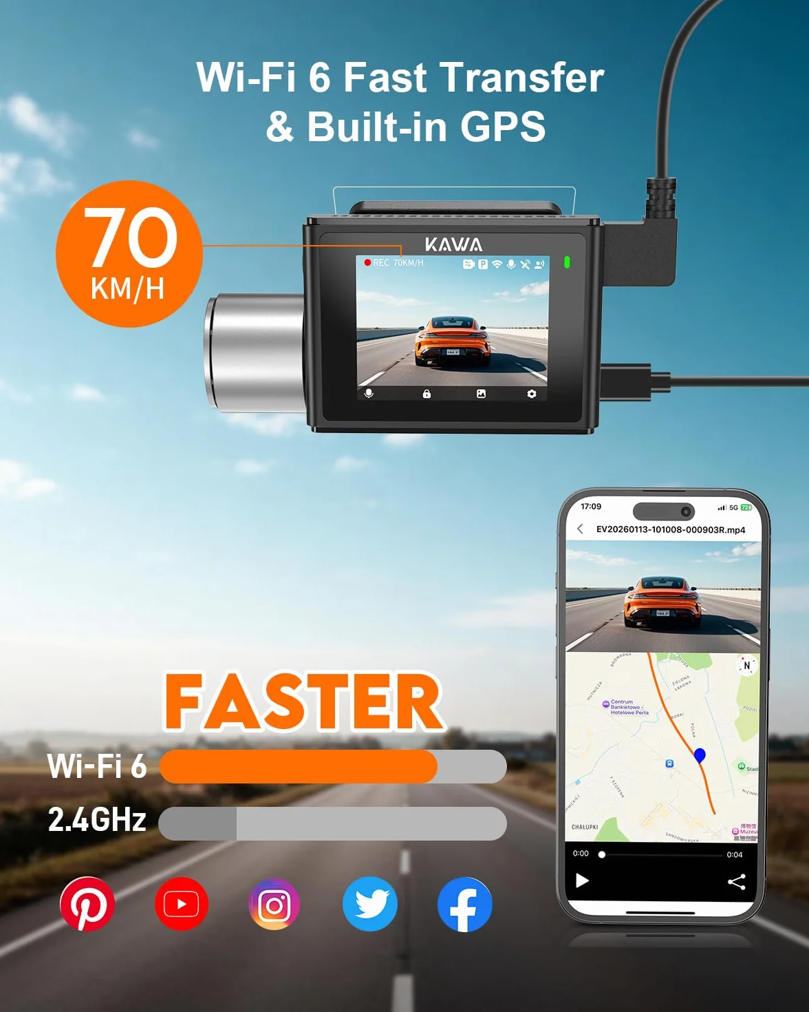 4K Dashcam z przodu i z tyłu, sterowanie głosem, karta 64GB wliczona, Wi-Fi 6 podwójna kamera dla samochodów, wbudowany GPS, ekran IPS 5 cm, 2K HDR, silnik NightEagle, tryb parkowania 24 godziny