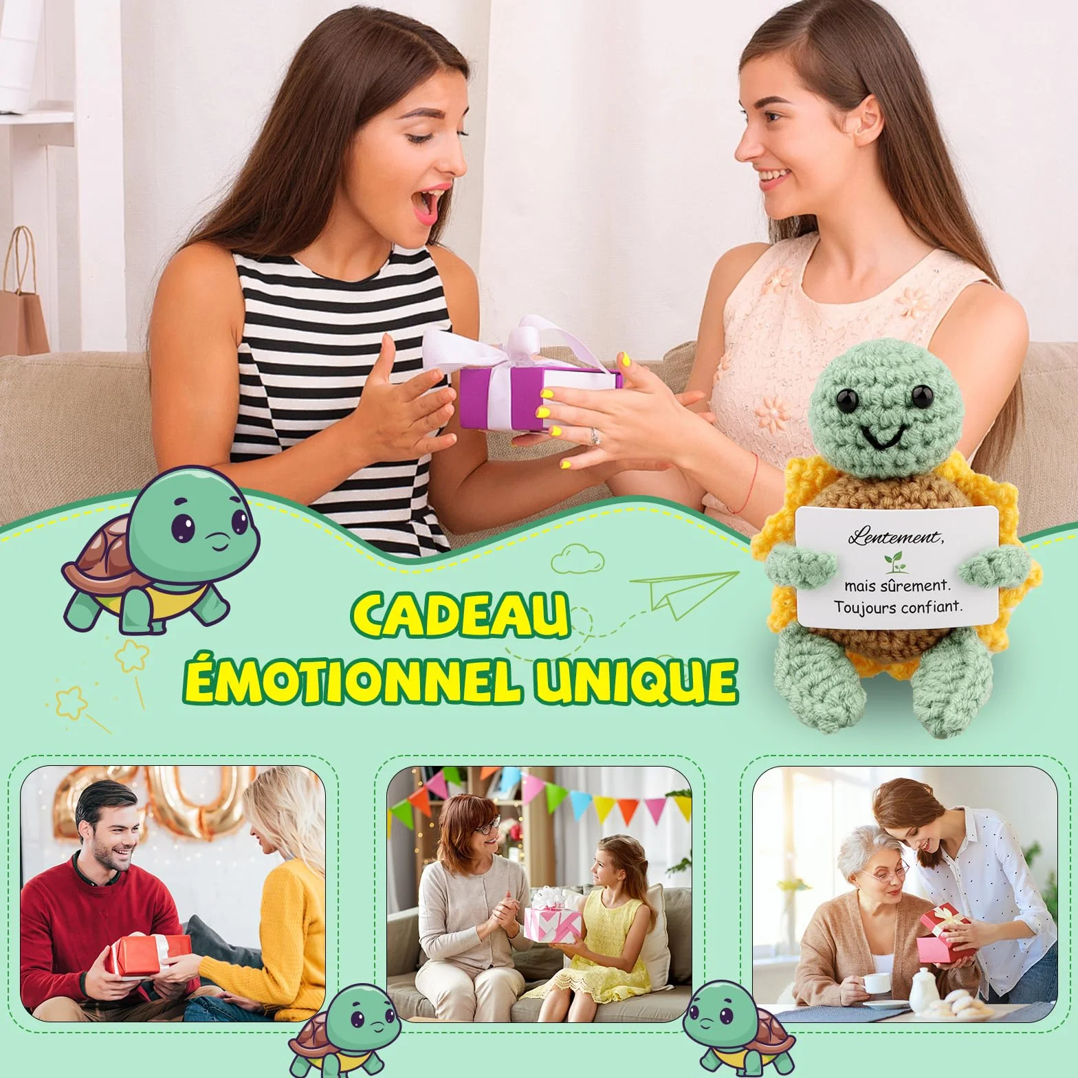 Tortue Positive Poupée Tortue en Français au Crochet avec Porte Clés et Carte Cadeau Femme Original