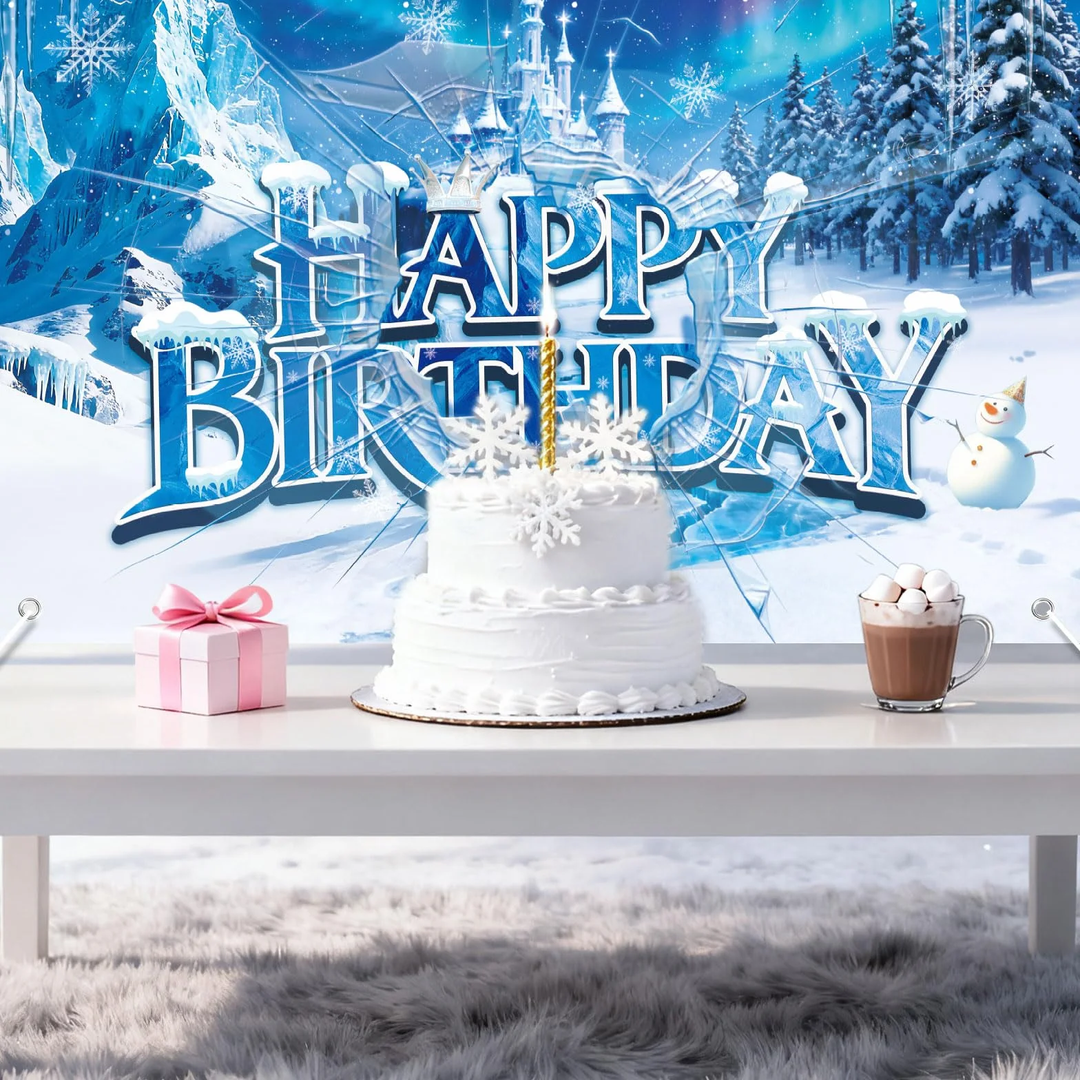 Toile de Fond Joyeux Anniversaire Château de Glace et Neige 150x100cm Bannière Anniversaire Princesse Hiver