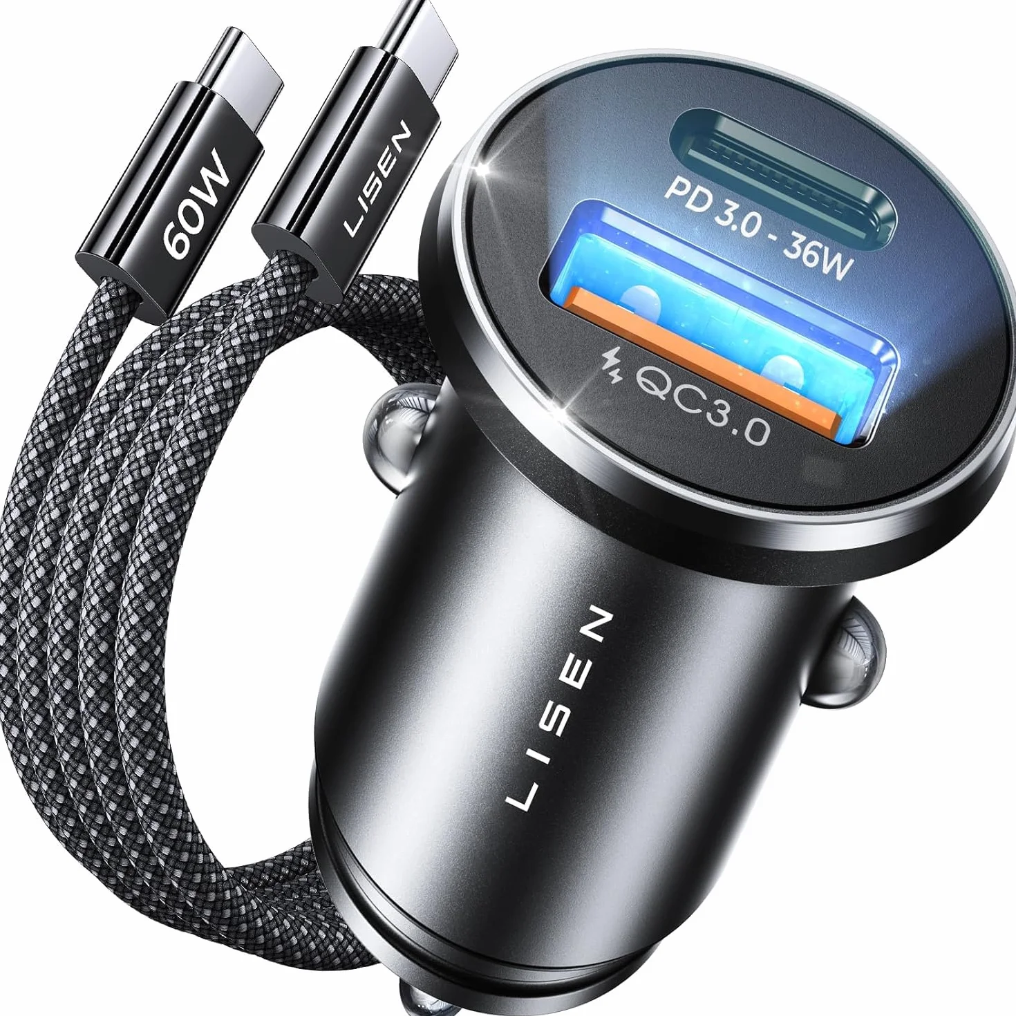 LISEN Chargeur Voiture USB C 54W+60W C-C Câble, Prise Allume Cigare 12V, Accessoire Voiture Interieur pour iPhone 17 Pro Max Galaxy S25