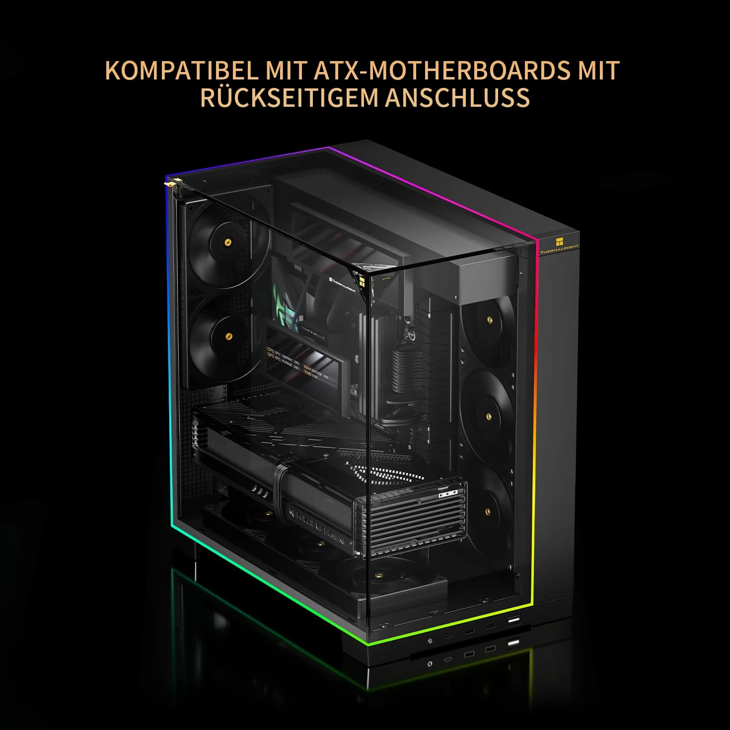 Thermalright TR A70 Vision ATX obudowa gamingowa, 8 gniazd wentylatorów CPU, szybkie zapięcie do pionowego montażu karty graficznej z zabezpieczeniem przed zwisaniem, w zestawie wyświetlacz LCD 9,16