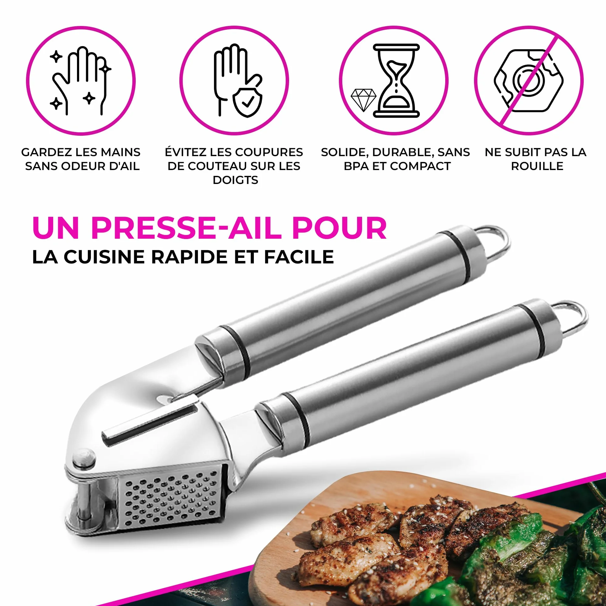 Presse Ail Inox 304 CULINARISE Professionnel Grande Cavité 1-2 Gousses Manuel