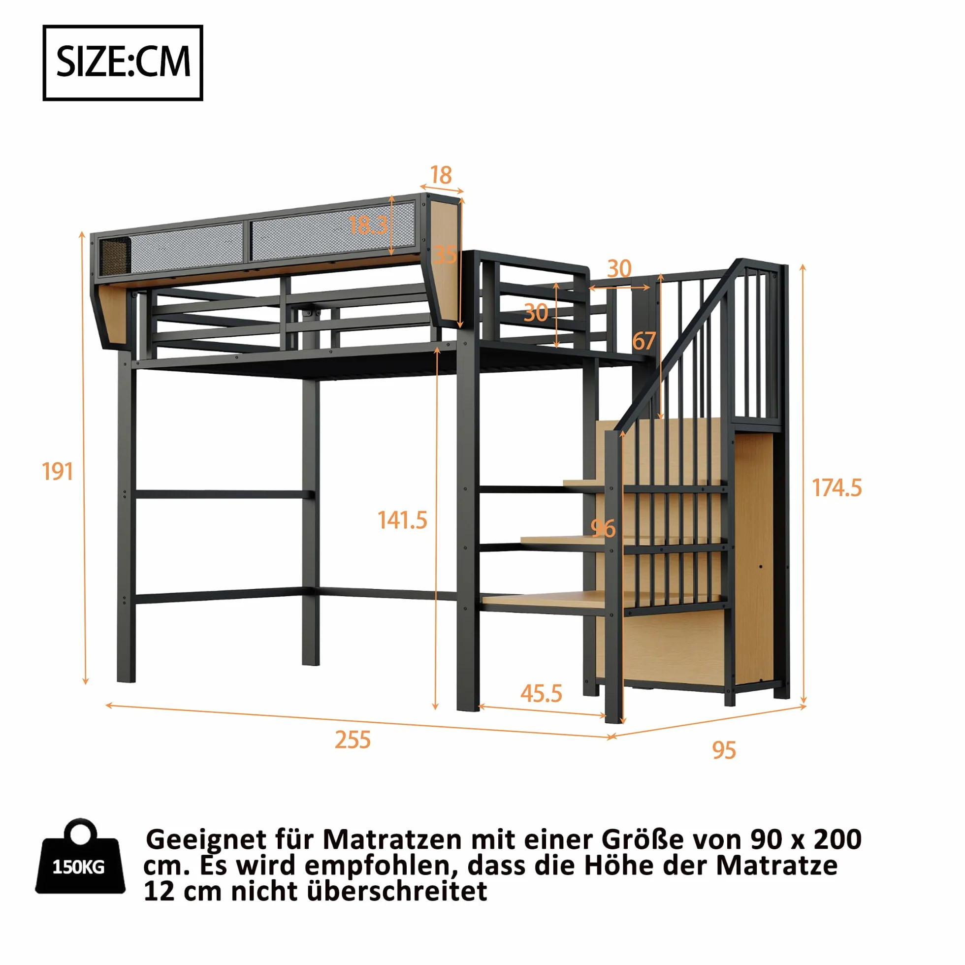 Merax Lit Mezzanine 90x200 cm en métal, avec échelle sécurisée, étagère de Rangement Amovible, lit surélevé Adulte/Enfant, Noir (sans Matelas)
