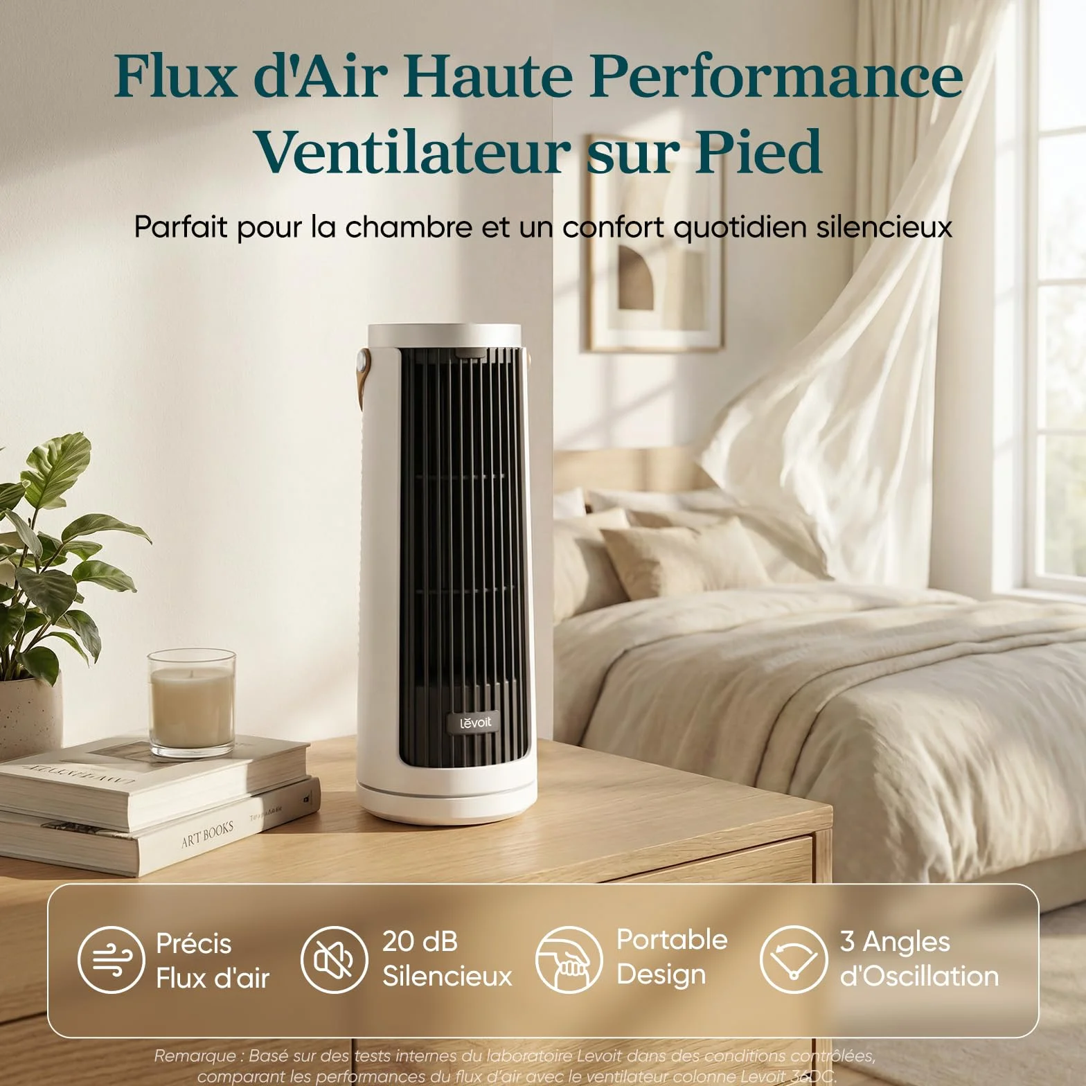 Levoit Windi Mini Ventilateur Colonne Silencieux 20 dB Moteur DC 7 m/s 4 Vitesses Oscillation 90° Minuterie 12H Télécommande