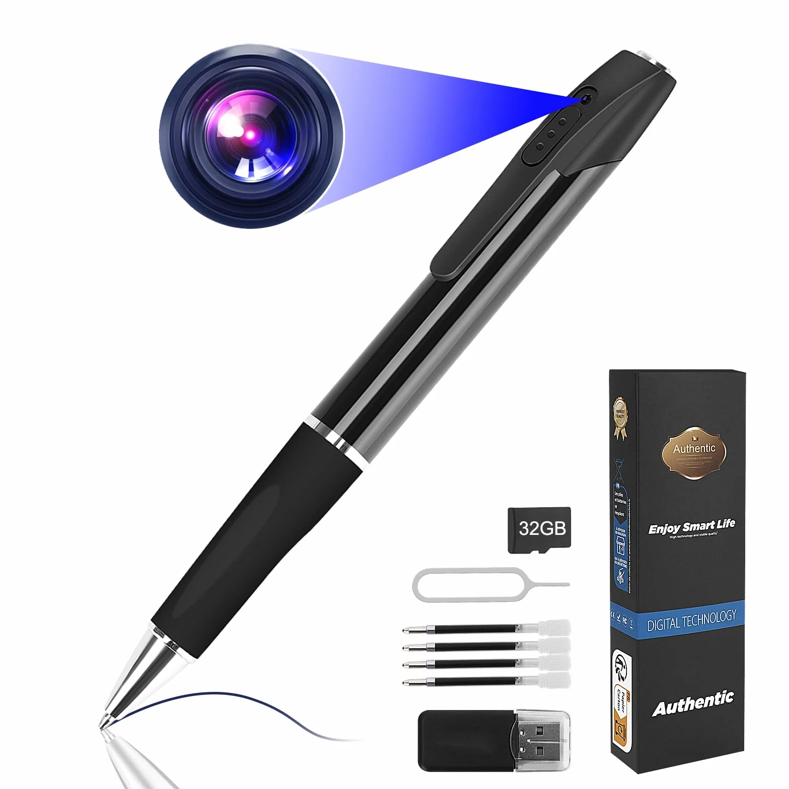 Mini kamera monitoringowa 1080p, przenośna, mała kamera do monitoringu, 32 GB, kamera długopisowa, do domu, biura, spotkań biznesowych, z 5 wkładkami atramentowymi
