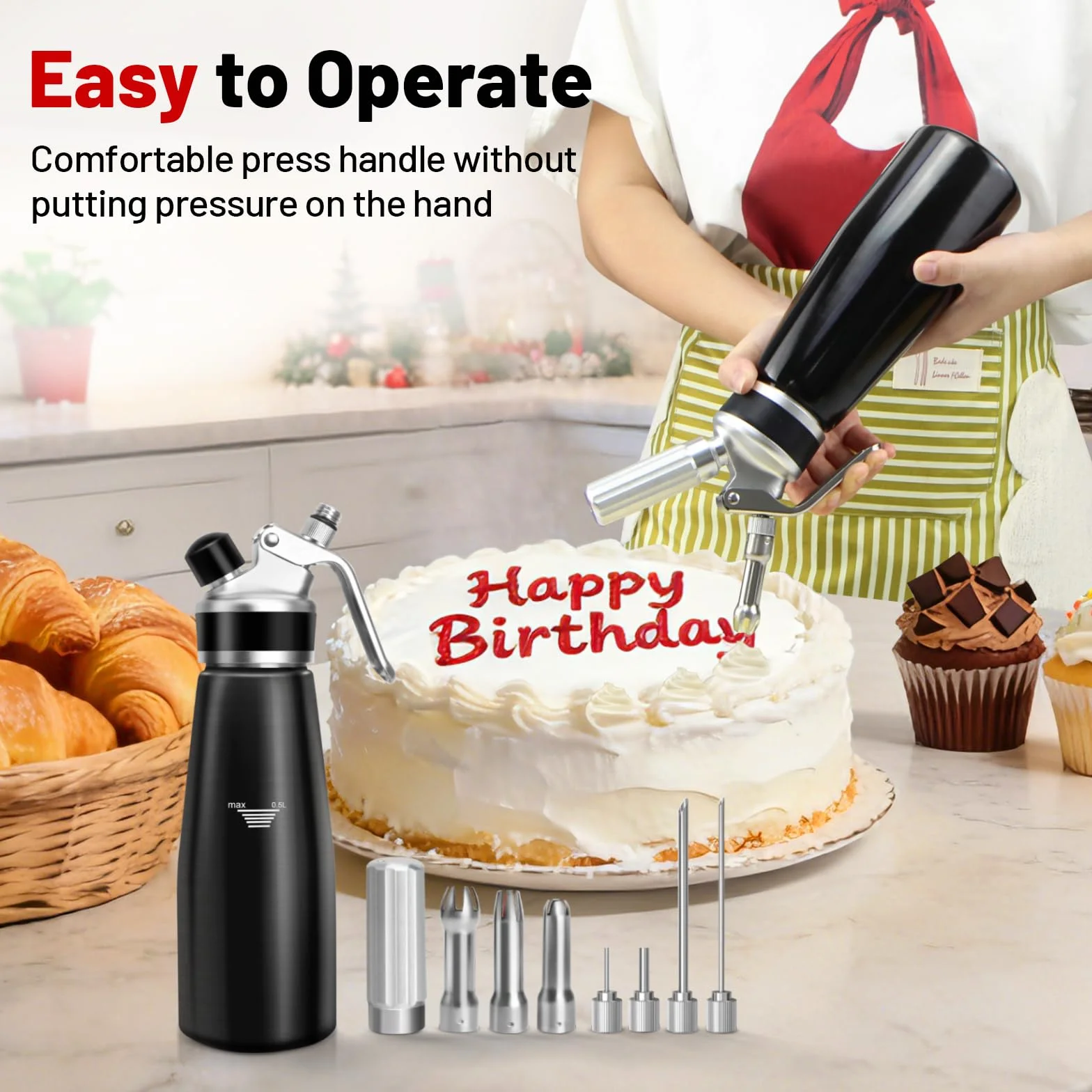 Siphon Chantilly 500ml en Acier Inoxydable avec 3 Douilles et Brosse de Nettoyage