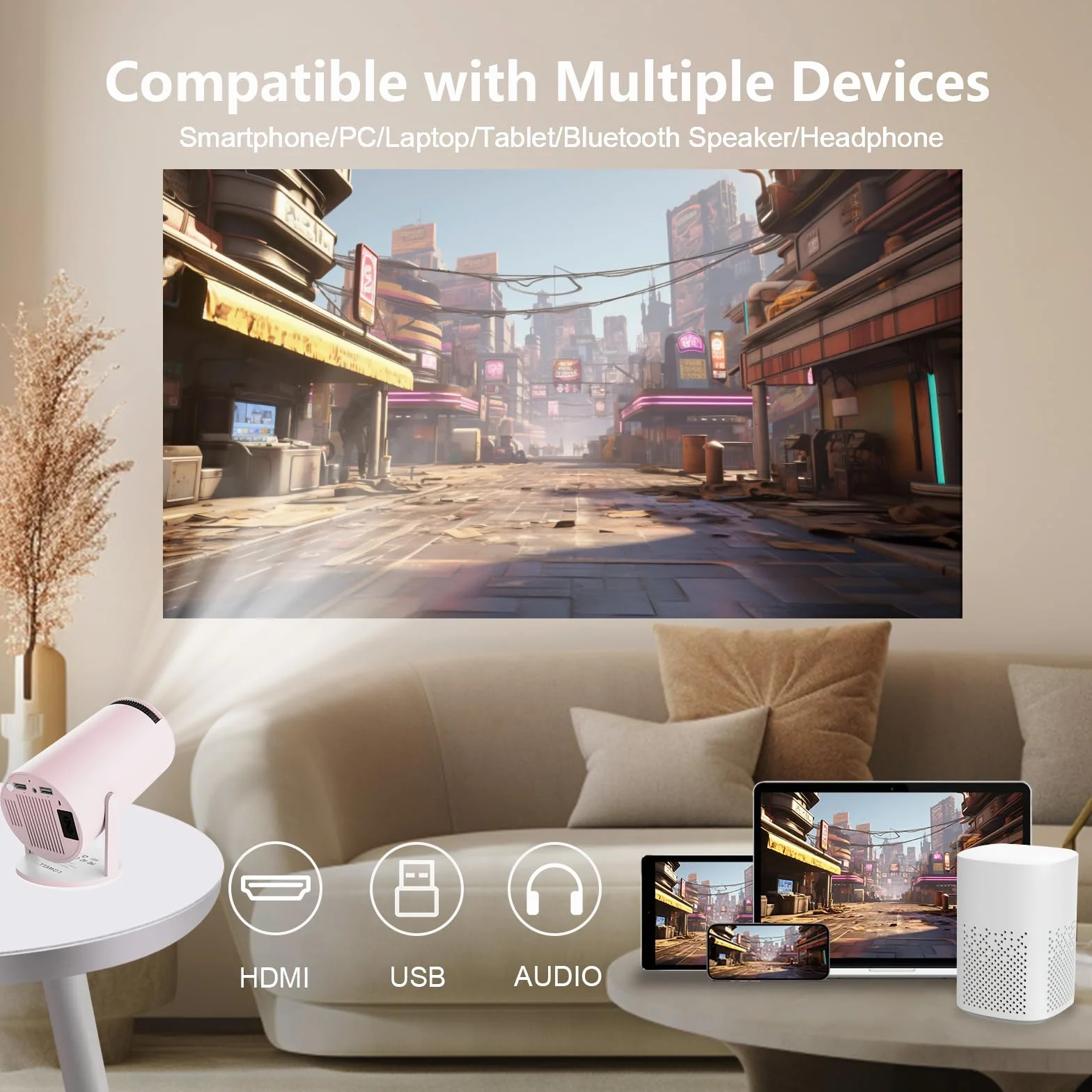 LQWELL Mini projektor, obsługuje 5G WiFi, BT5.0 z systemem Android, automatyczna korekcja trapezu, kąt 220 stopni, wyświetlacz 130 cali do telefonu/komputera/Xboxa, kino domowe 4K, HDMI