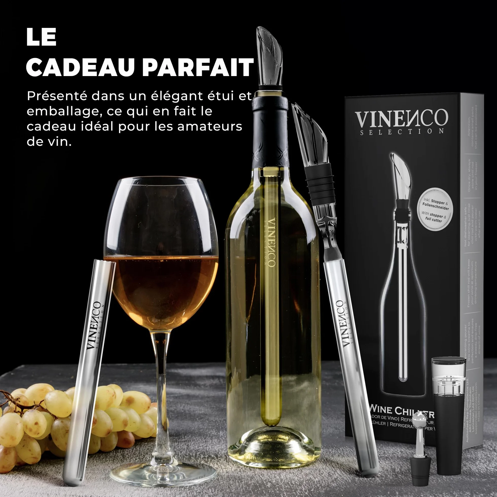 Rafraîchisseur de Bouteille de Vin 3 en 1: 2 Tiges Refroidissement Acier + Aérateur Décanteur + Anti-Goutte | Ensemble Bar