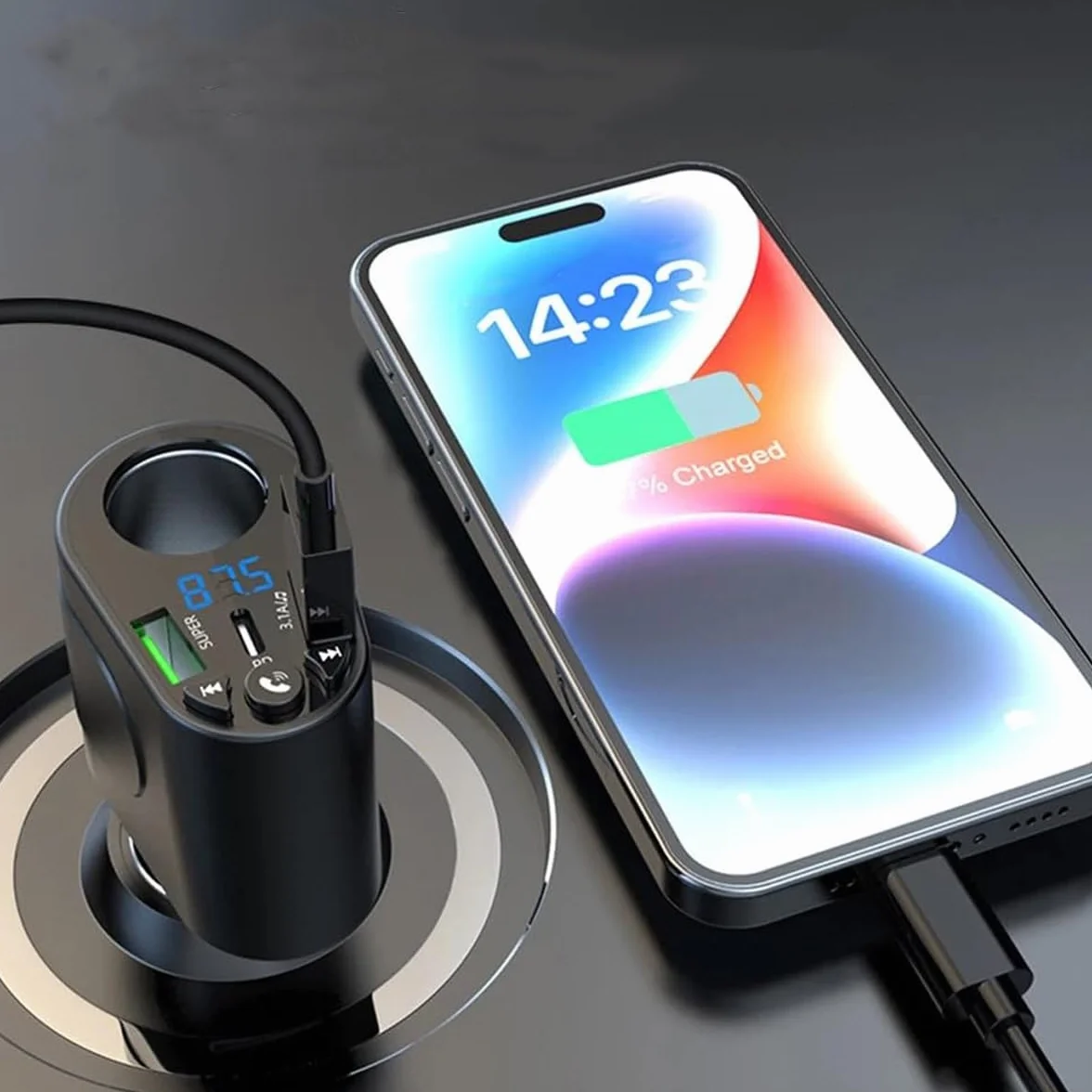 Ubric Transmiter FM Auto Bluetooth PD typ C szybka ładowarka do gniazda zapalniczki samochodowej, wskaźnik napięcia