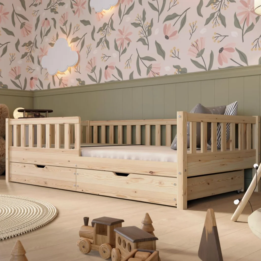 Lit Enfant avec Tiroirs 190x90 cm – Montessori au Sol en Bois Massif avec Barrière – Sécurisé pour Tout-Petit – Design Scandinave, Montage Facile - Crazy Basic