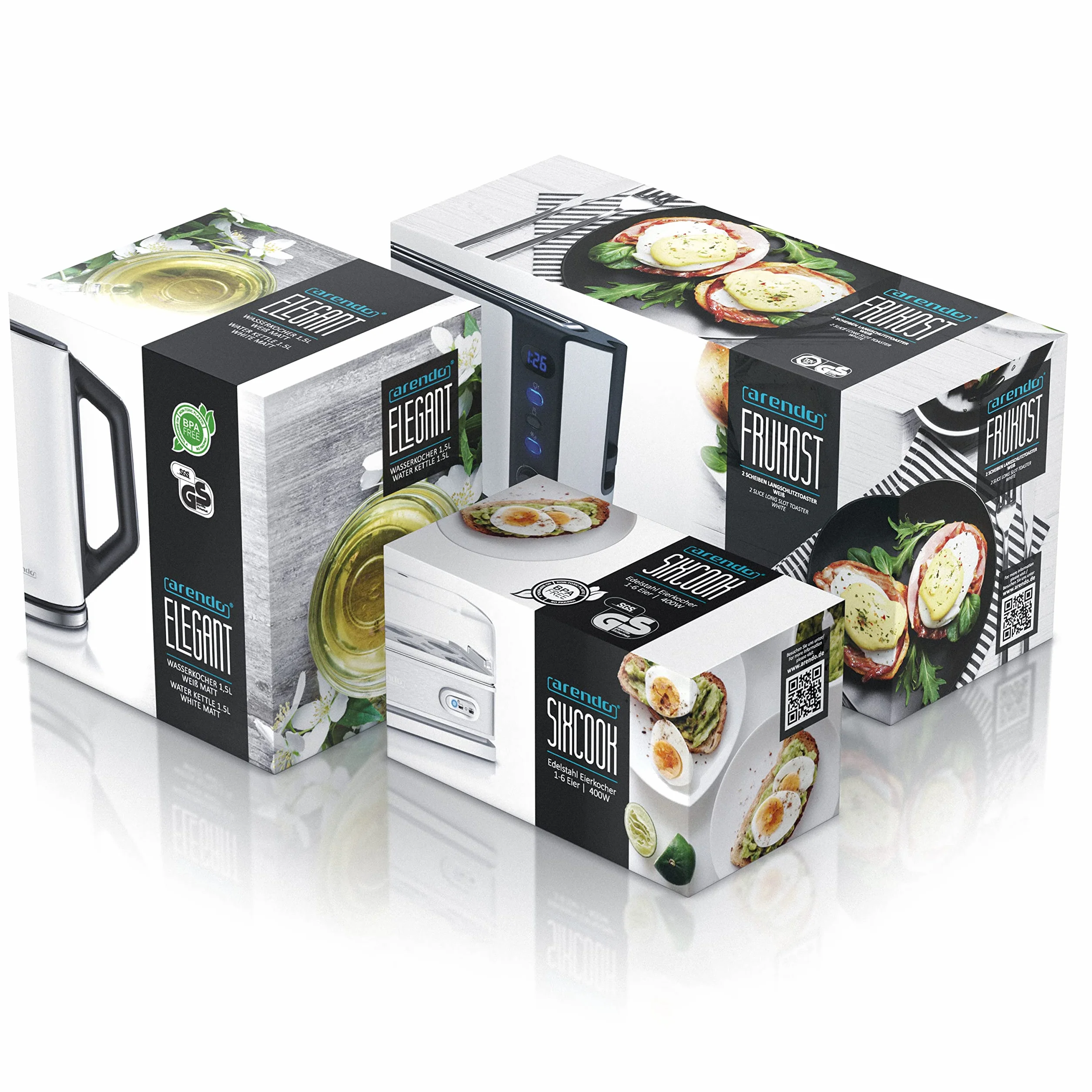 Arendo Ensembles Bouilloire et grille-pain et cuiseur à oeufs Bouilloire en inox 1,5L 40°-100°C, Toaster 2 Tranches Ecran LED 6 niveaux de brunissage Cuiseur à oeufs 1-6 oeufs, Verre doseur, Blanc