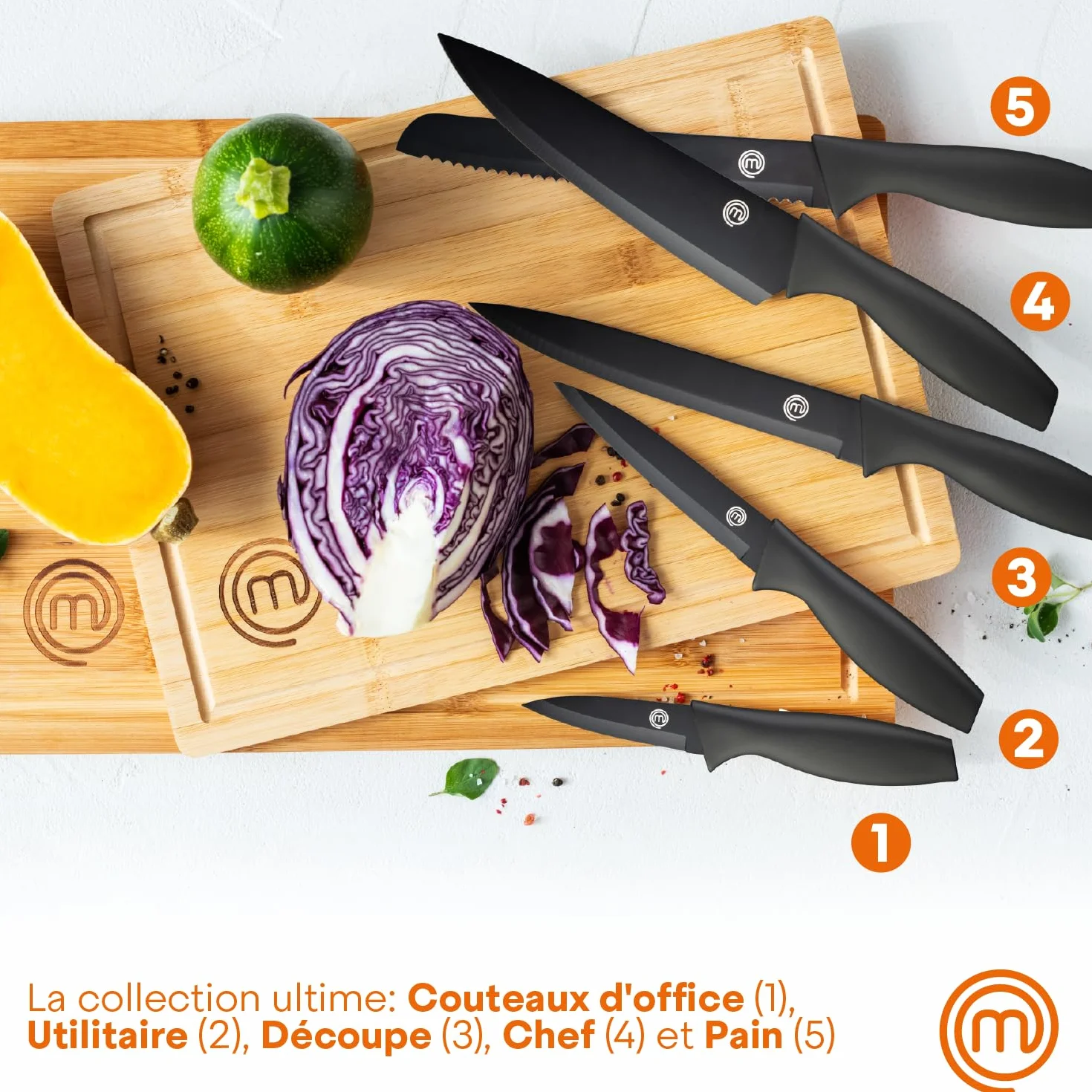 MasterChef Couteaux de Cuisine avec Bloc, Acier Inoxydable, Noir