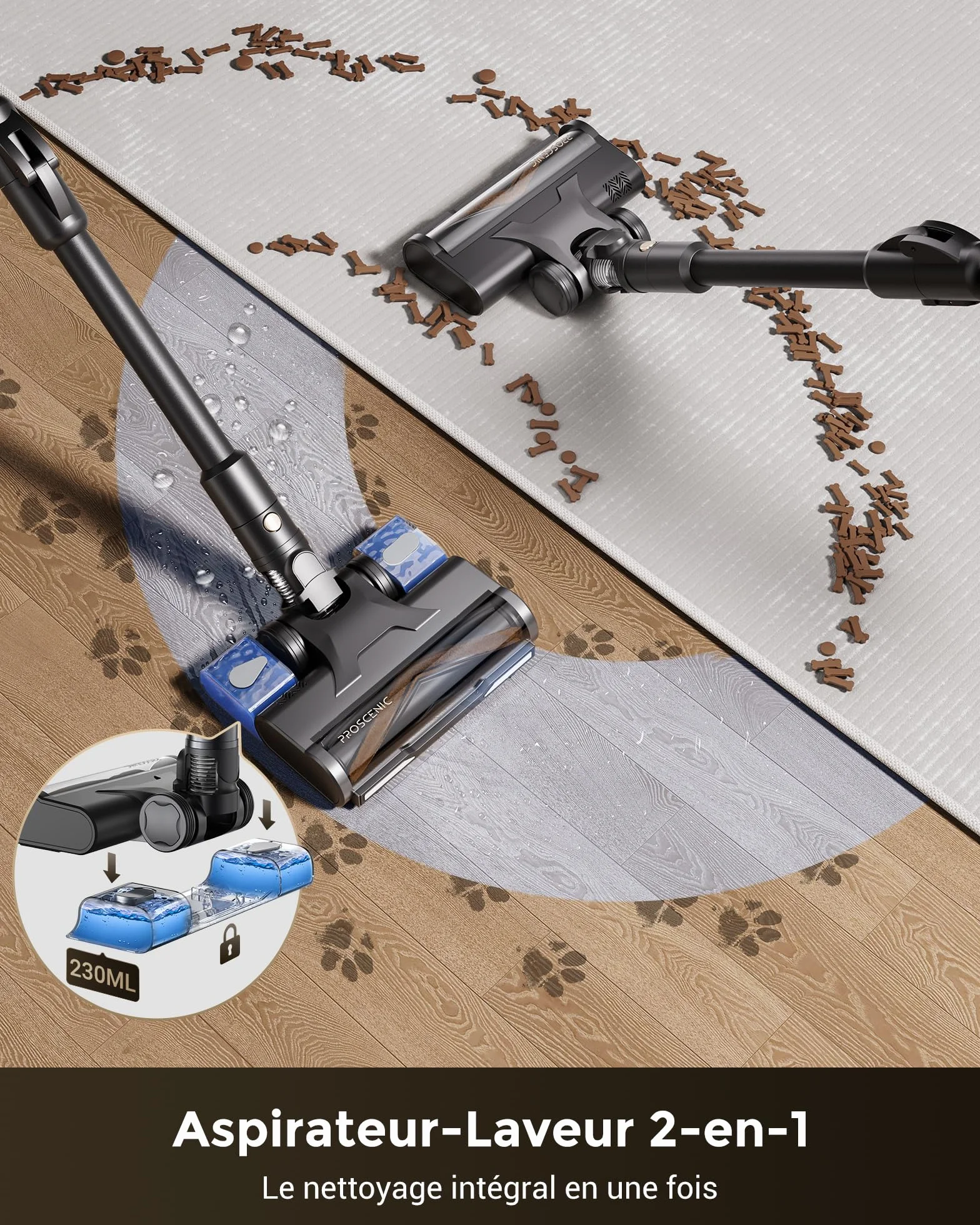 Proscenic P20 Aspirateur Balai sans Fil,70Kpa/680W/70Min Aspirateur Laveur avec Nettoyage de Sol,Aspirateur Pliable sans Fil Puissant,Autoportante,Brosse Anti-Enmêlement pour Tapis,Poils Animaux,Voit