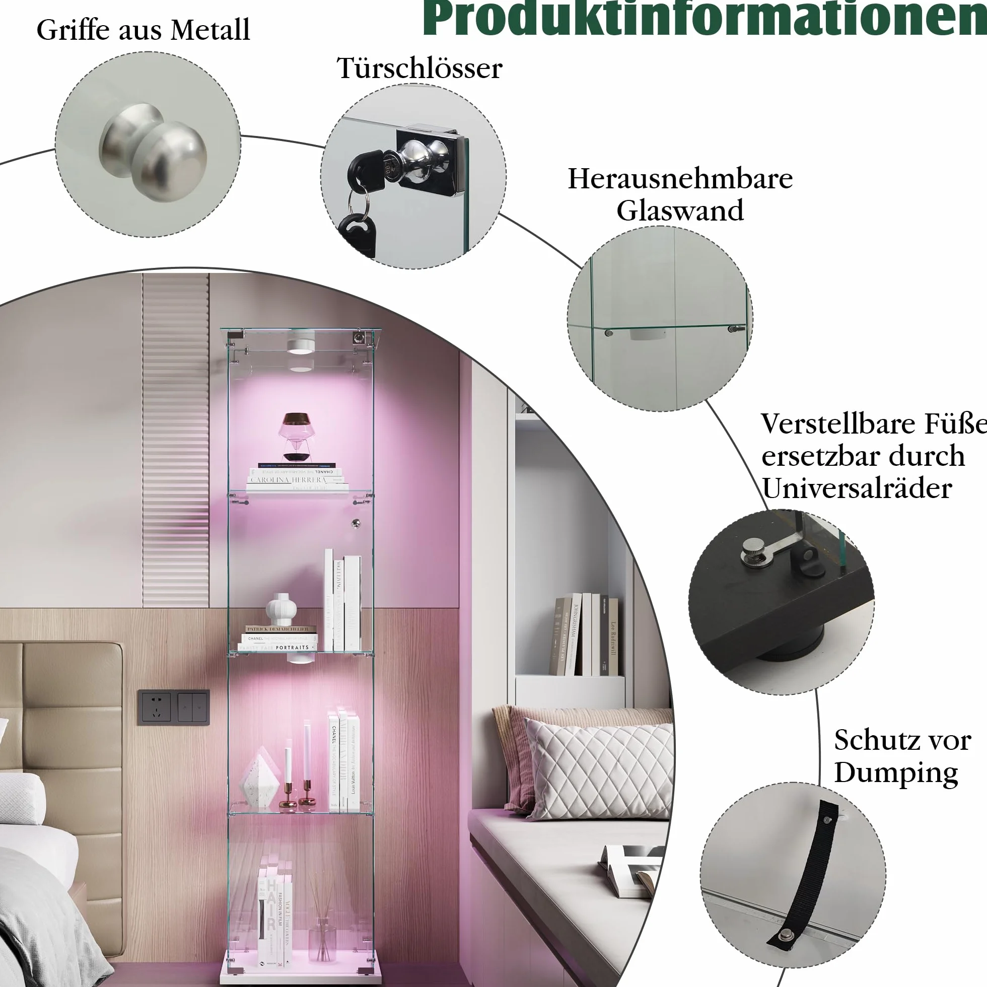 Meuble Vitrine Verre, Vitrine Verre 4 Layers Armoire Vitrineavec Serrure 163x35x39.8 cm VitrineVerre LED Vitrineen VerrePour Collection avec Porte Meuble VitrineSalon Transparent (Blanc A)