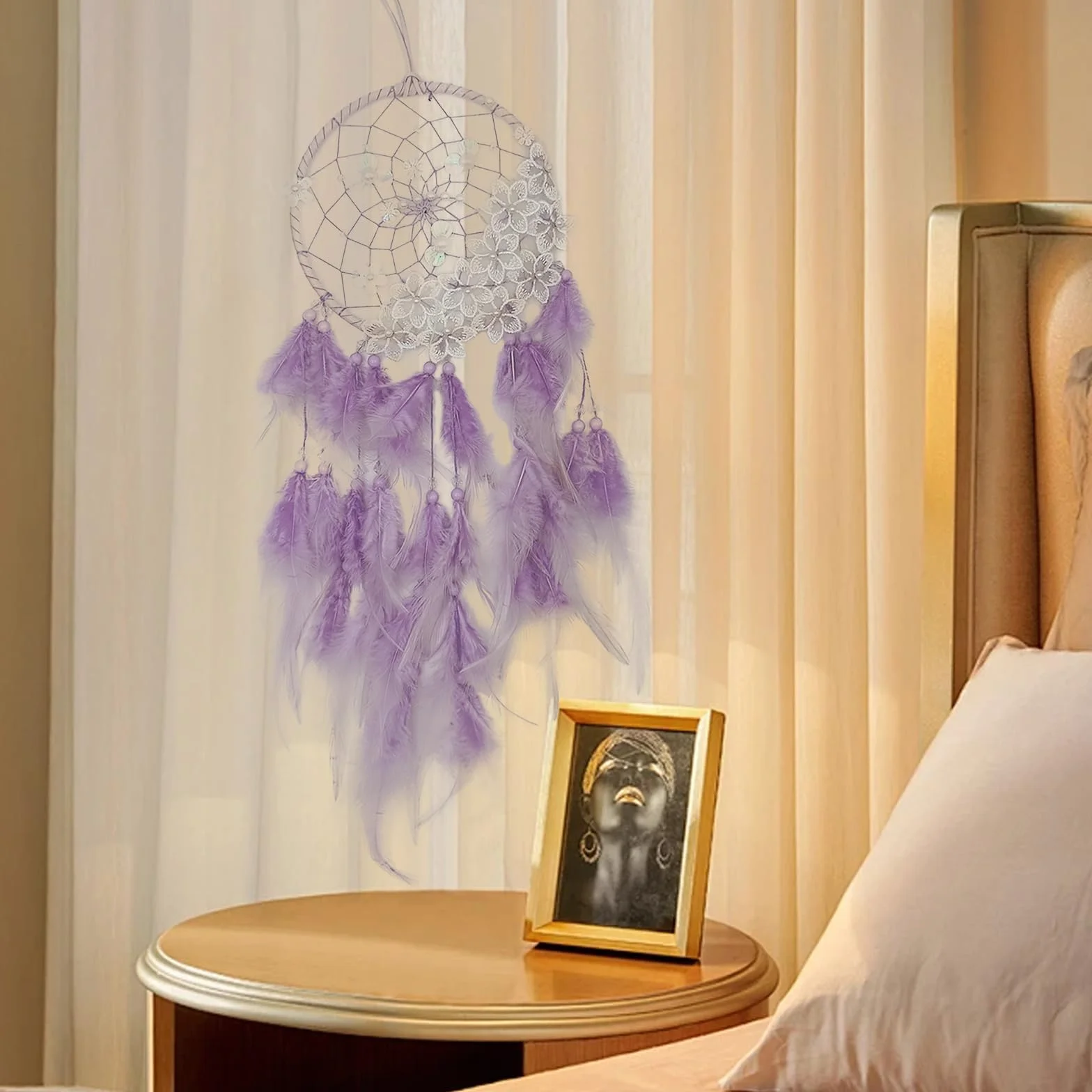 Attrape Rêve Géant Violet avec Plumes, Handmade Capteur de Rêves Décoration Murale