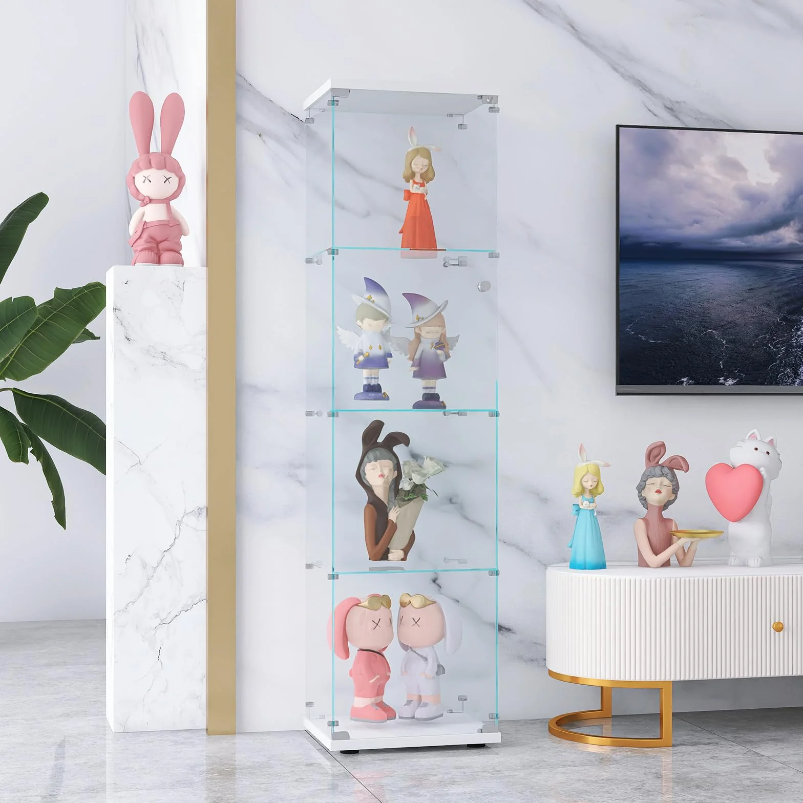 Vitrine en verre trempé 4 couches Transparente Étanche à la poussière Avec portes et serrure Salon, chambre à coucher, bureau 42,5 x 36,5 x 164 cm