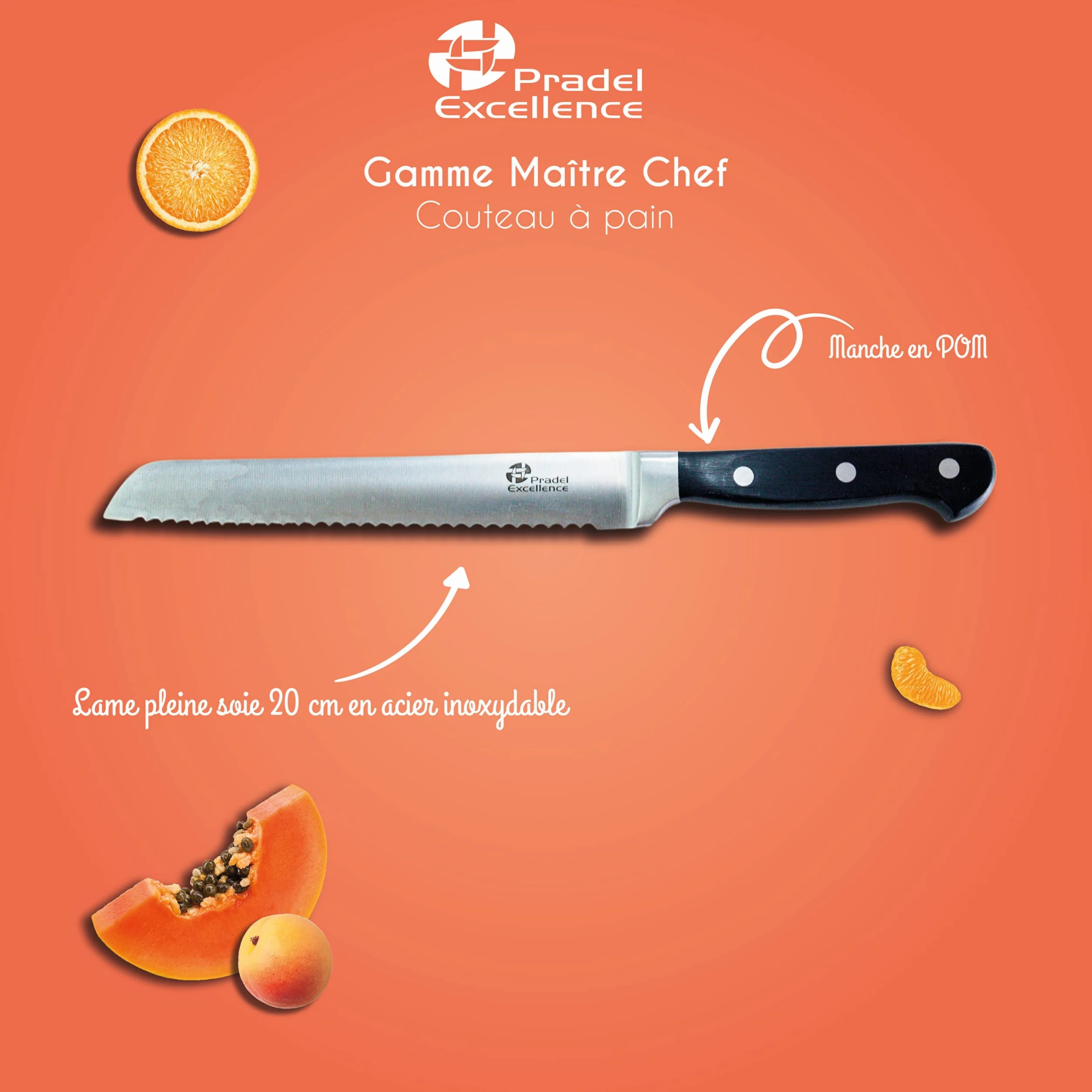 Couteau à Pain Maitre Chef Pradel Excellence Lame 20 cm Acier Inoxydable 3Cr14 Manche POM 33 cm Argent