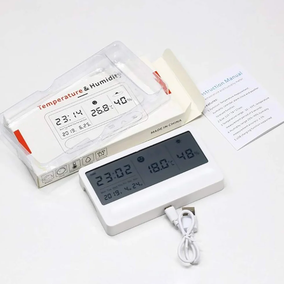 Thermomètre hygromètre LCD intérieur numérique Station météo avec réveil Chargement USB