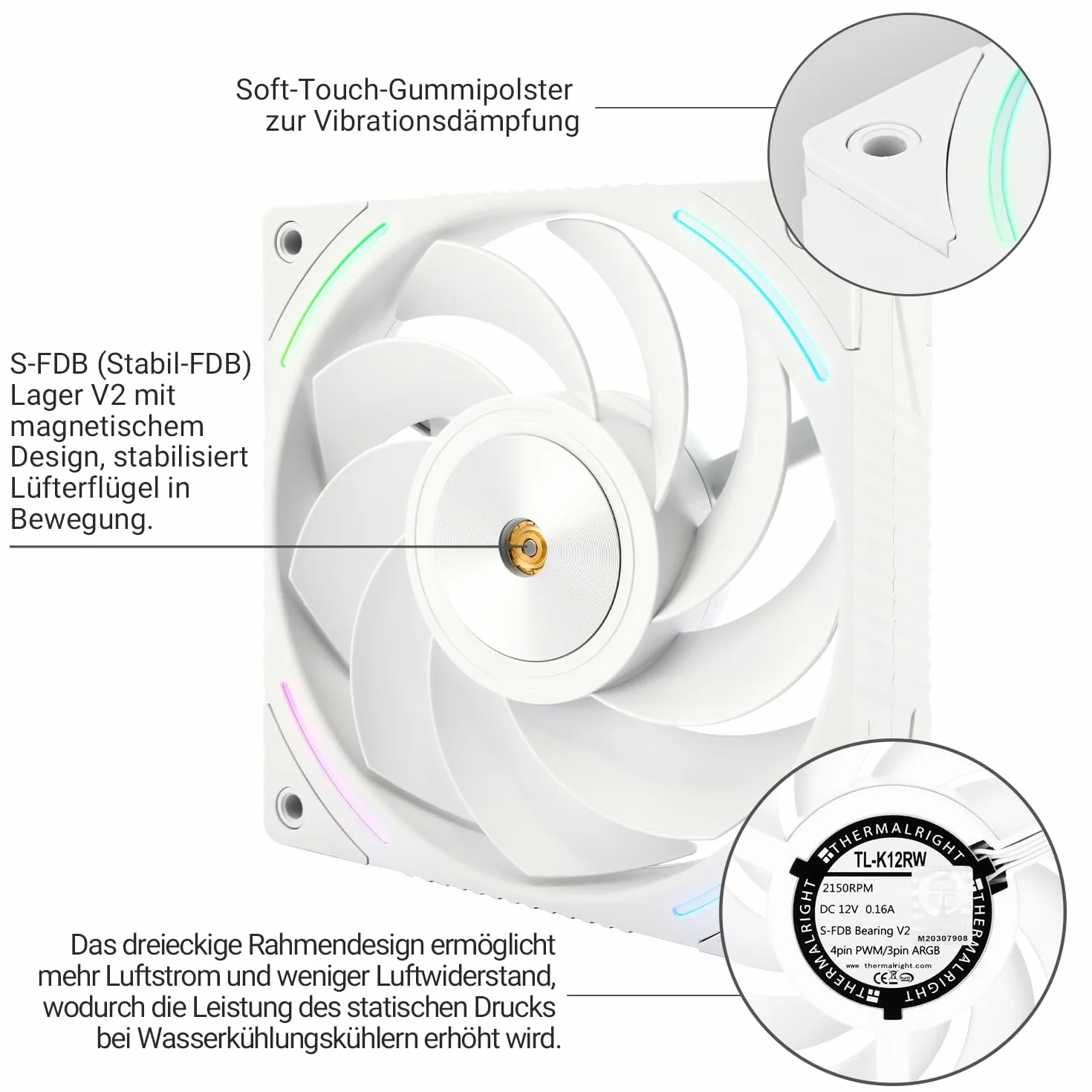 Thermalright TL-K12RW wentylator CPU 120 mm, 4-pinowe złącze PWM, wentylator komputerowy z prędkością 2150 obr./min, wentylator do komputera stacjonarnego (TL-K12RW)