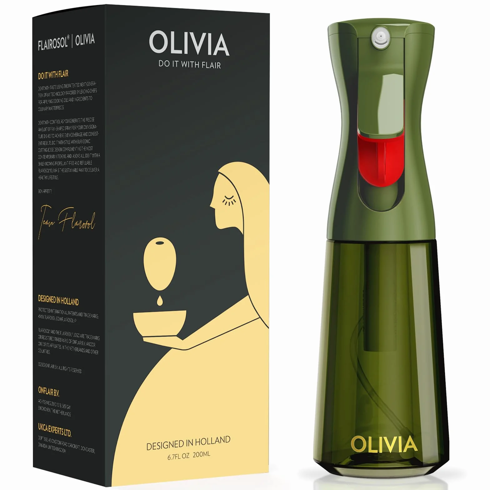 FLAIROSOL OLIVIA Vaporisateur d'Huile en Verre 200ml - Technologie de Pulvérisation Continue avec Contrôle des Portions (Vert)
