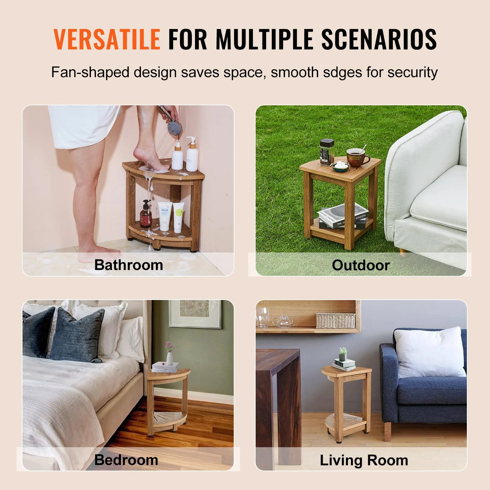 VEVOR Banc de Douche d'angle, Hauteur 430 mm, Rayon 325 mm, Tabouret de Salle de Bain, Faux Bois en polystyrène, chargé de 158 kg avec étagère de Rangement, résistant à l'eau, intérieur et extérieur