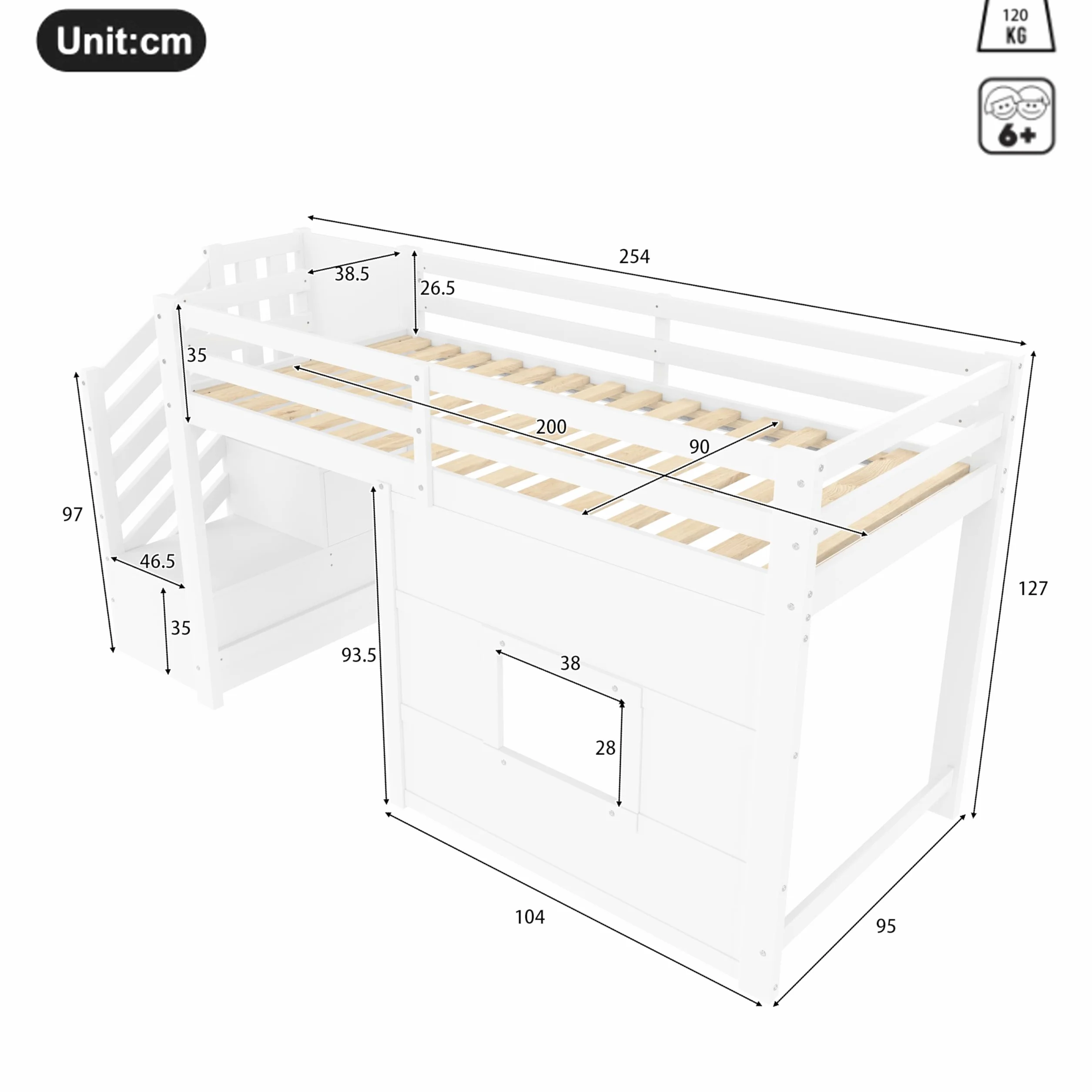 Lit Mezzanine Enfant 90x200 avec Escalier de Rangement, Cadre de Lit Enfant Fenêtre et Éclairage LED - Cadre de Lit en Bois Stable