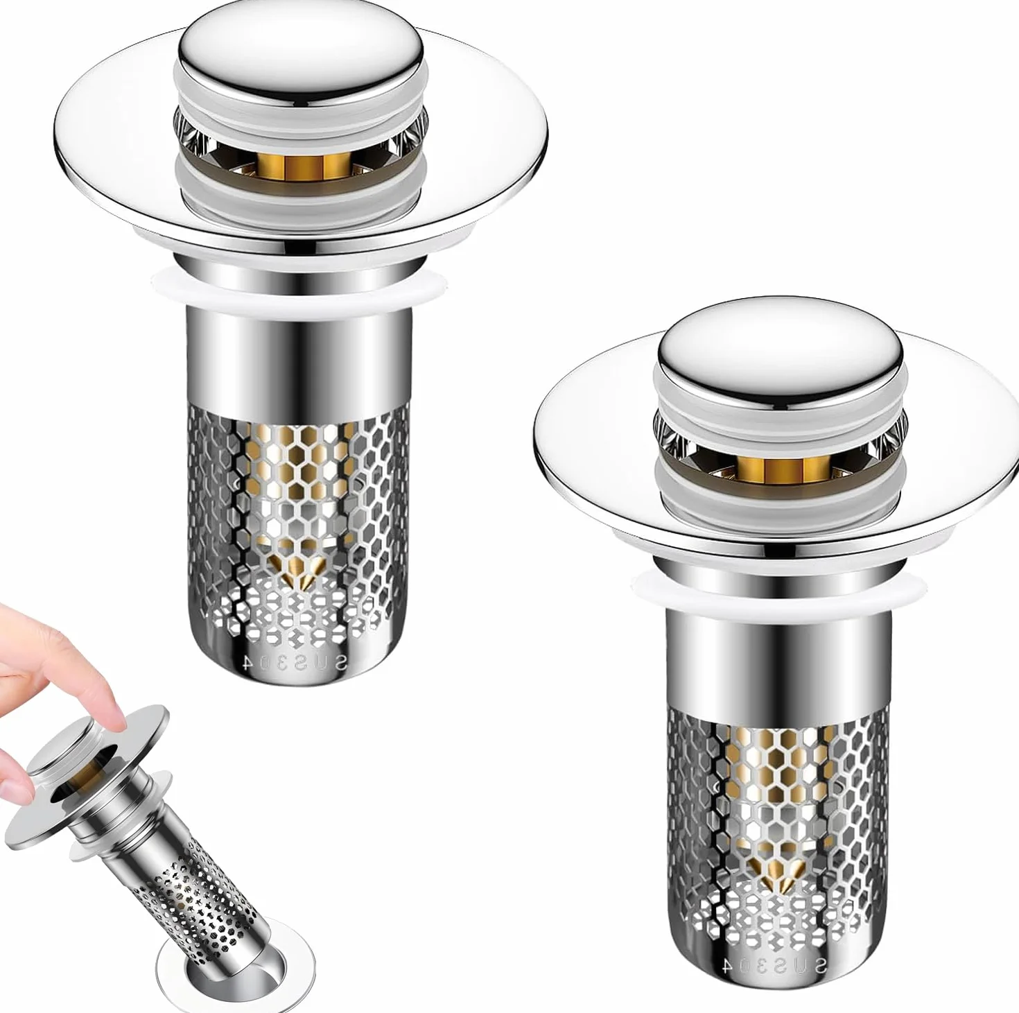 Bonde de Lavabo Clic Clac Universel 33-40 mm Acier Inoxydable Anti-Odeur Lot de 2