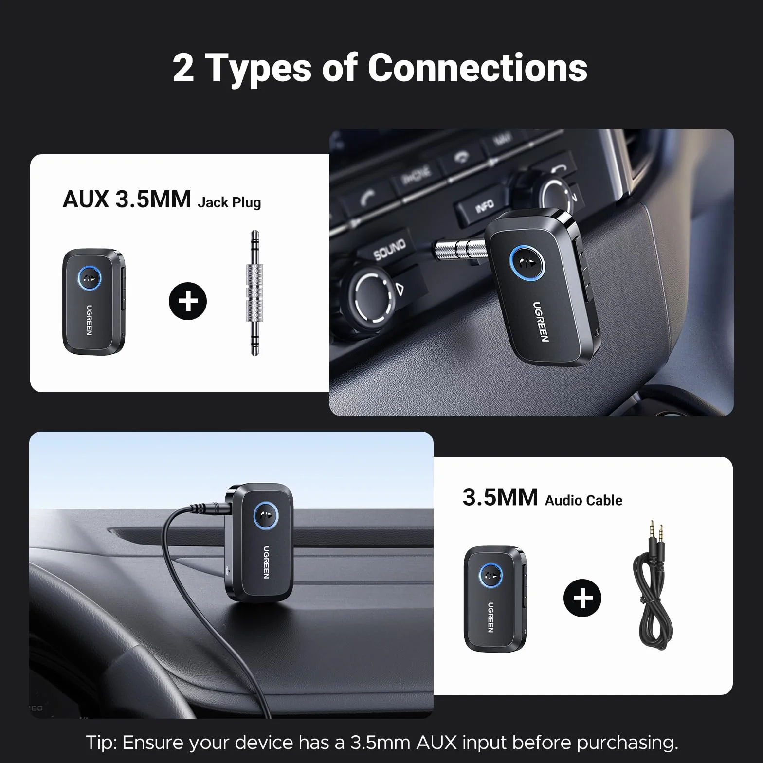 UGREEN Adapter Bluetooth 6.0 Samochodowy Bluetooth z Gniazdem AUX 3.5 mm i Wbudowanym Mikrofonem Połączenia w Trybie Głośnomówiącym z Głośnikiem Samochodowym.（Czarny）