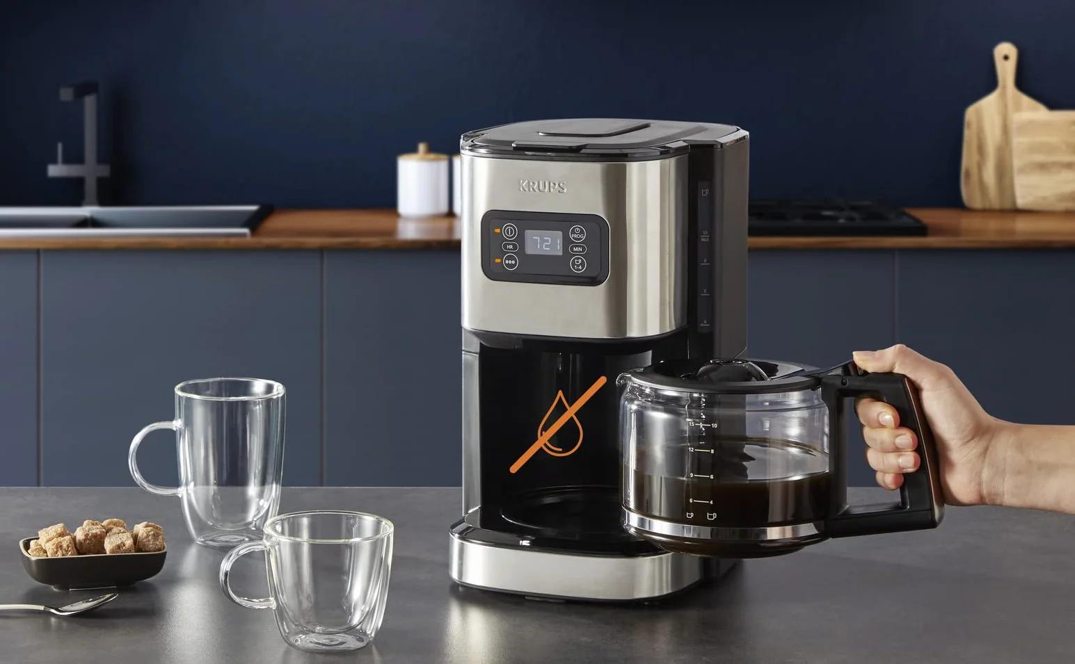 Krups Cafetière programmable 24h, Inox premium, 1,25 L jusqu'à 15 tasses, Réglage intensité, Fonction 1 à 4 tasses pratique, Arrêt auto après 30 min, Anti-goutte, Excellence KM480D10