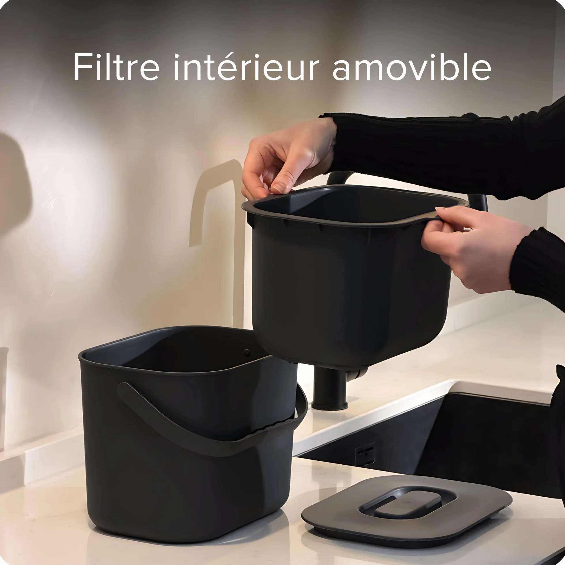 Seau à Déchets Alimentaires 7L Inodore avec Couvercle Passe au Lave-Vaisselle - Poubelle de Cuisine pour Compost Noir