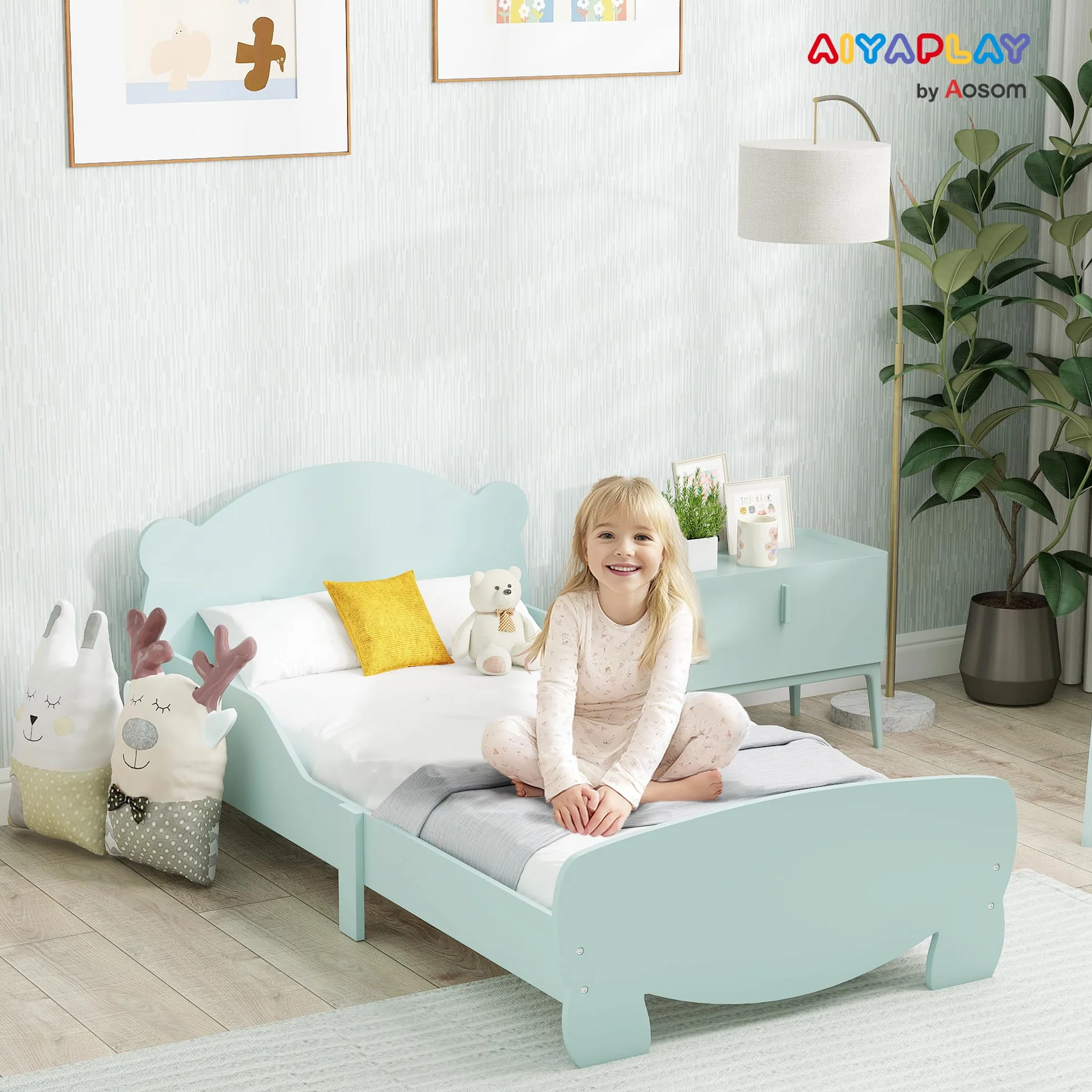 AIYAPLAY Lit Enfant lit au Sol Enfant 70x140 cm avec barrière de sécurité, sommier à Lattes Inclus et décorations d'ours, pour garçons et Filles de 3 à 6 Ans - Vert