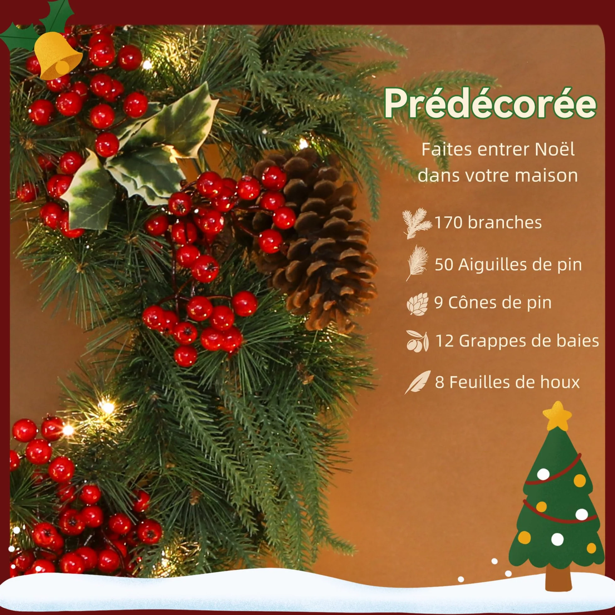 HOMCOM Couronne de Noël Lumineuse 60 cm avec 35 LED Blanc Chaud, minuterie, Couronne de Noël de Porte d'entrée, 170 Pointes, Pommes de pin, Baies, Feuilles de Houx, pour Porte, Mur, cheminée, Vert