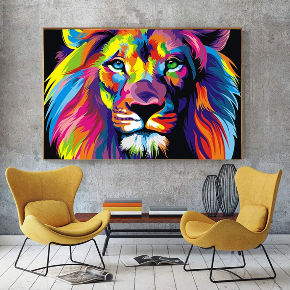 HYFBH Peinture sur Toile Aquarelle Lion Animaux Abstrait Affiche et Impression Pop Art Moderne Mur Photo pour Chambre d'enfant décor oeuvre 60x90 cm (24x35 Pouces) avec Cadre