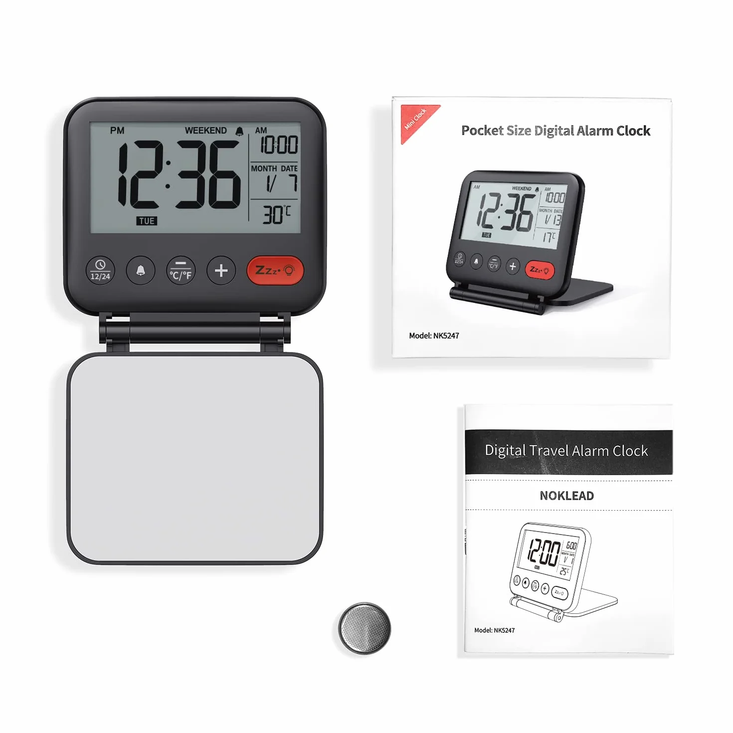 NOKLEAD Mini Horloge Numérique LCD Portable Réveil de Voyage avec Calendrier Rétroéclairé 12/24H Température Miroir Pliable Piles (Noir)