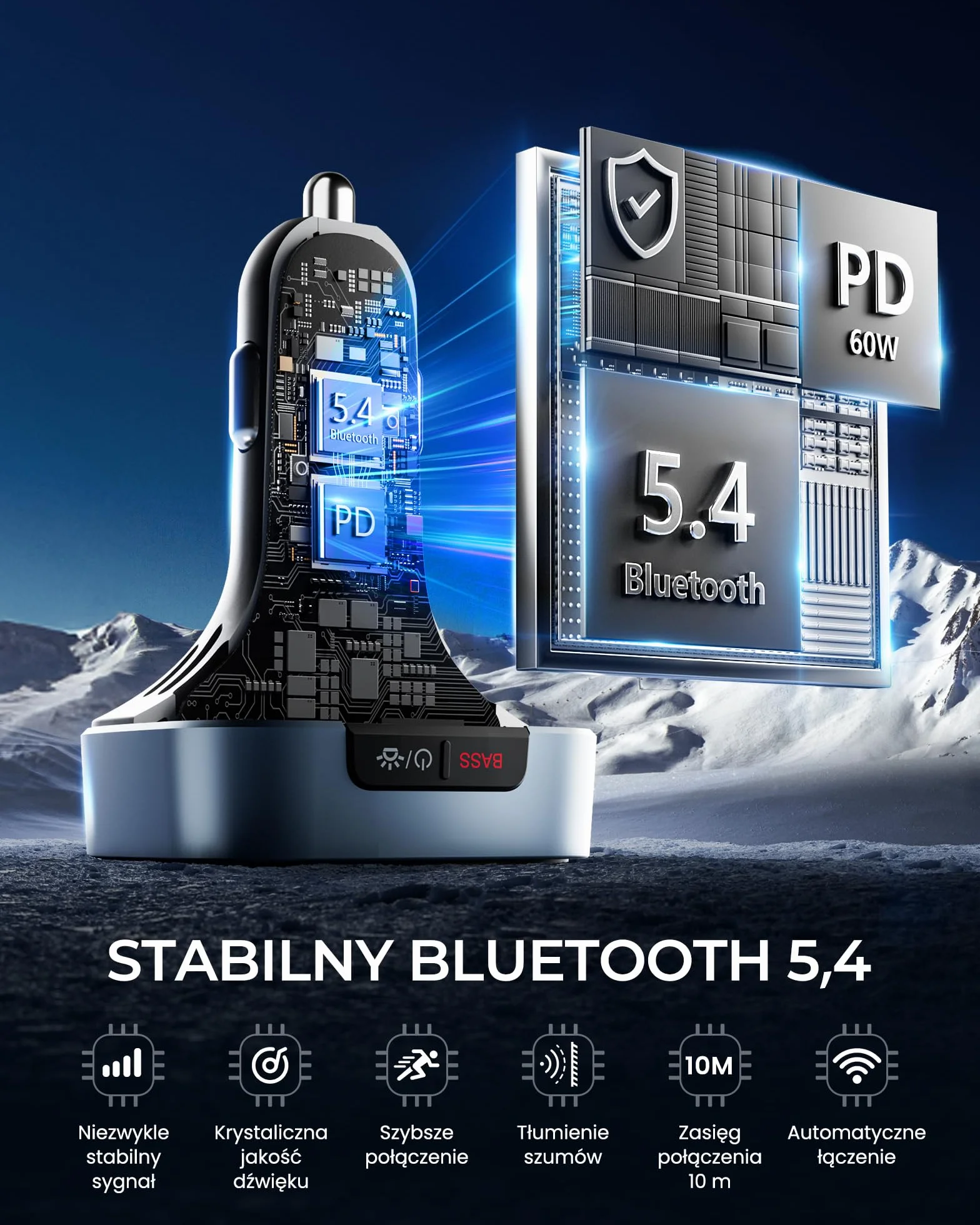 LENCENT Nadajnik FM Bluetooth 5,4, 60 W Szybkie Ładowanie z 2 USB-C (PD 30 W), darmowe rozmowy, muzyka samochodowa, głęboki bas Hi-Fi z 7 kolorami LED i pamięcią USB