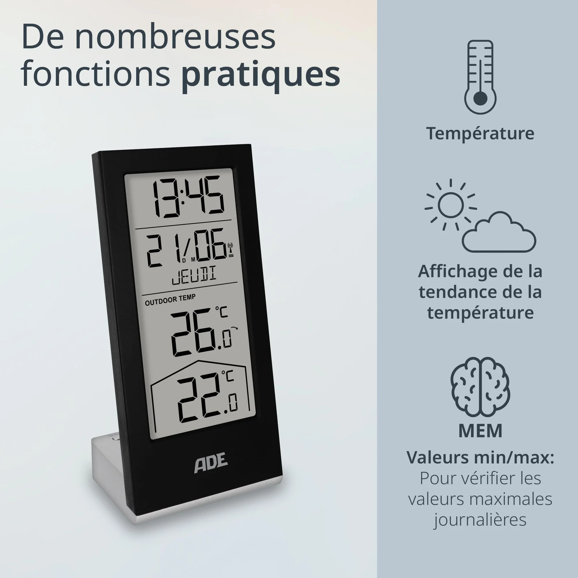 Station météo numérique sans fil ADE avec capteur extérieur, thermomètre intérieur et extérieur, horloge radio pilotée, calendrier numérique, noir