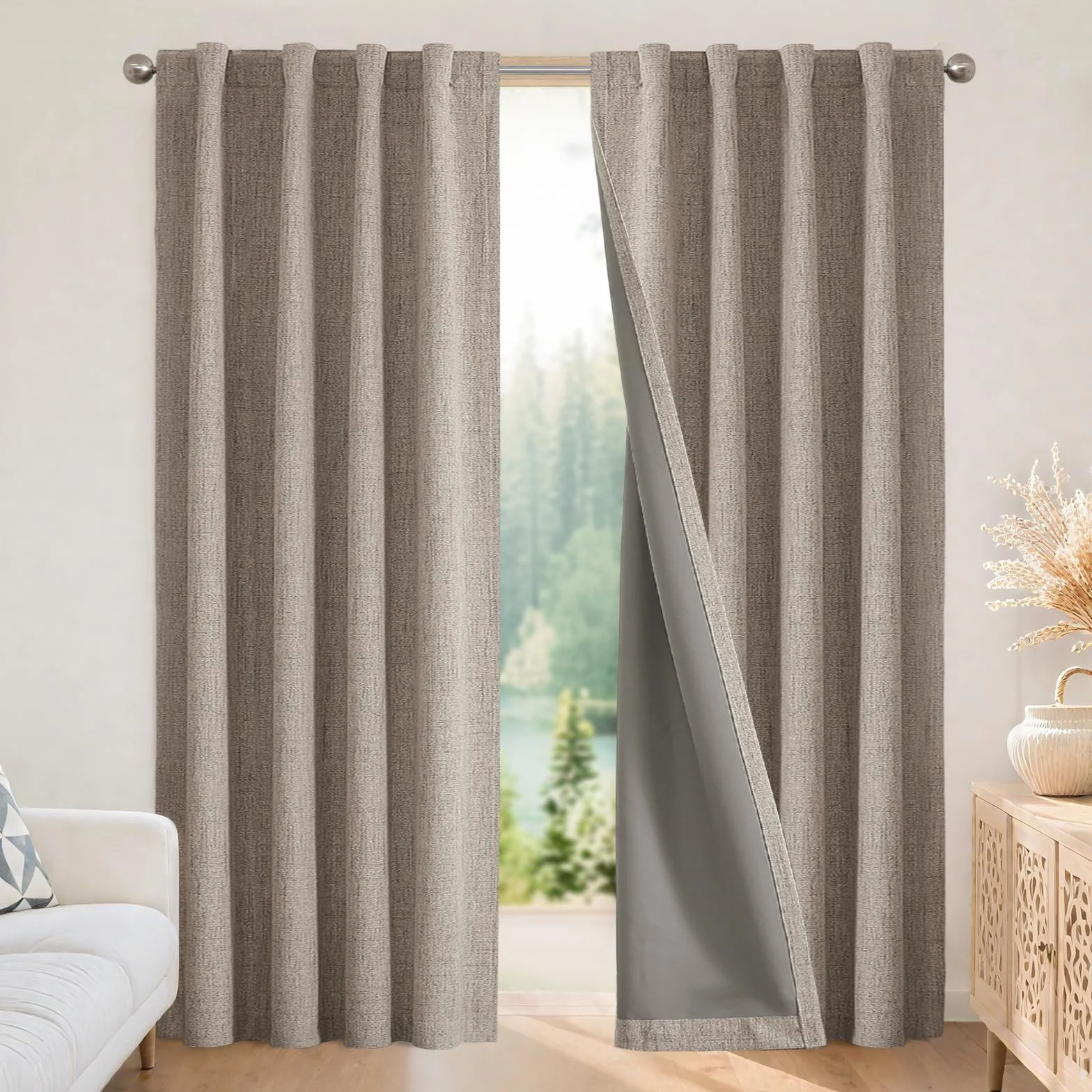 Joydeco 100% Rideau Occultant Lin 135x240 cm 2 Pièces, Double Rideaux Isolant Thermique Anti UV à Pattes Cachées et à Passe Tringle pour Décoration Chambre Salon et Protection d'Ameublement