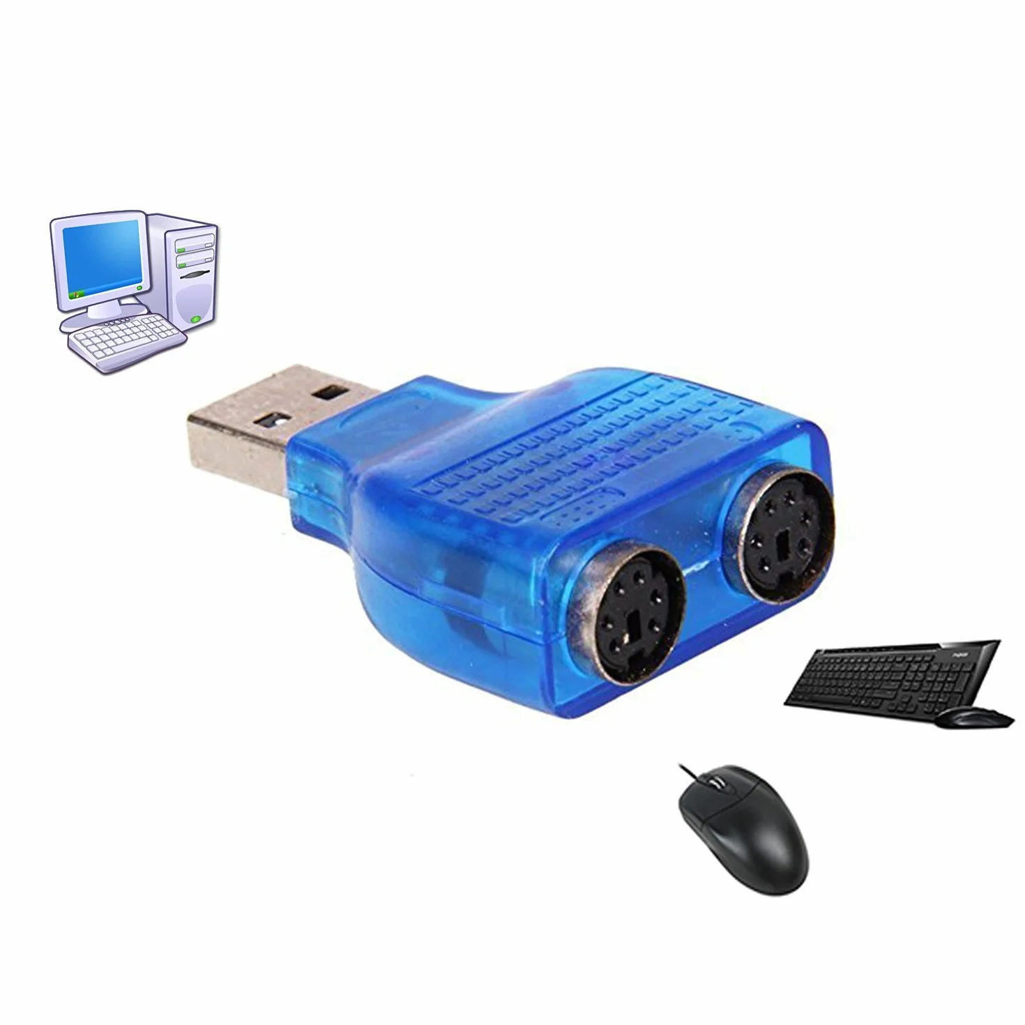 Bleu Souris Clavier USB A mâle vers Dual PS/2 Femelle Adaptateur T-Splitter