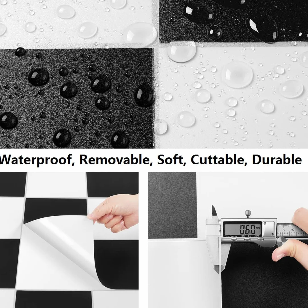 Livelynine 12 Carrelage Stickers Cuisine Mural 30x30 Autocollant Salle de Bain Noir et Blanc PVC Adhesive Sol