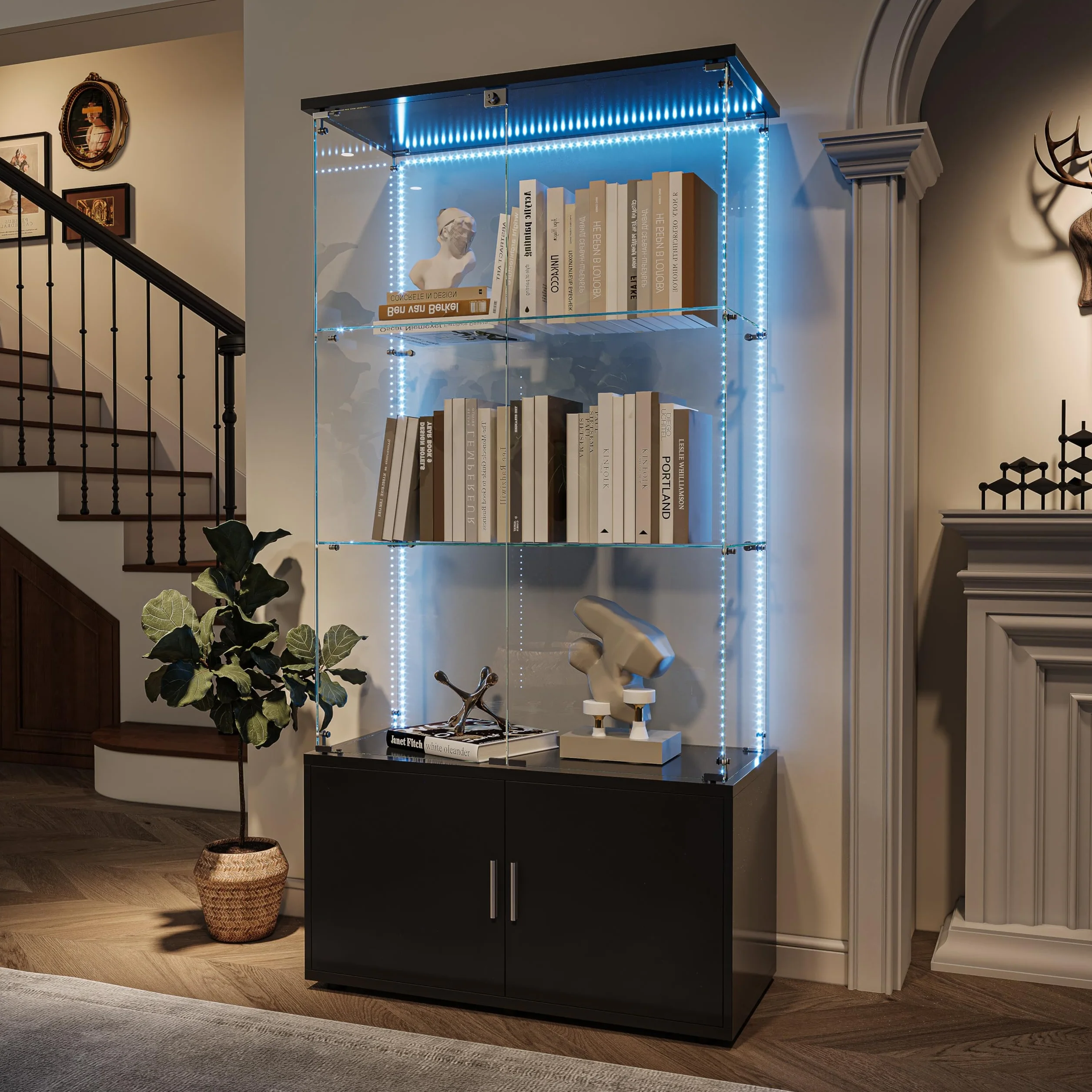 Vitrine d'exposition en verre noir avec 4 étages, vitrines en verre avec serrure, 78,5 × 35 × 164 cm, vitrine en verre vitrine salon avec LED vitrines d'exposition, noir